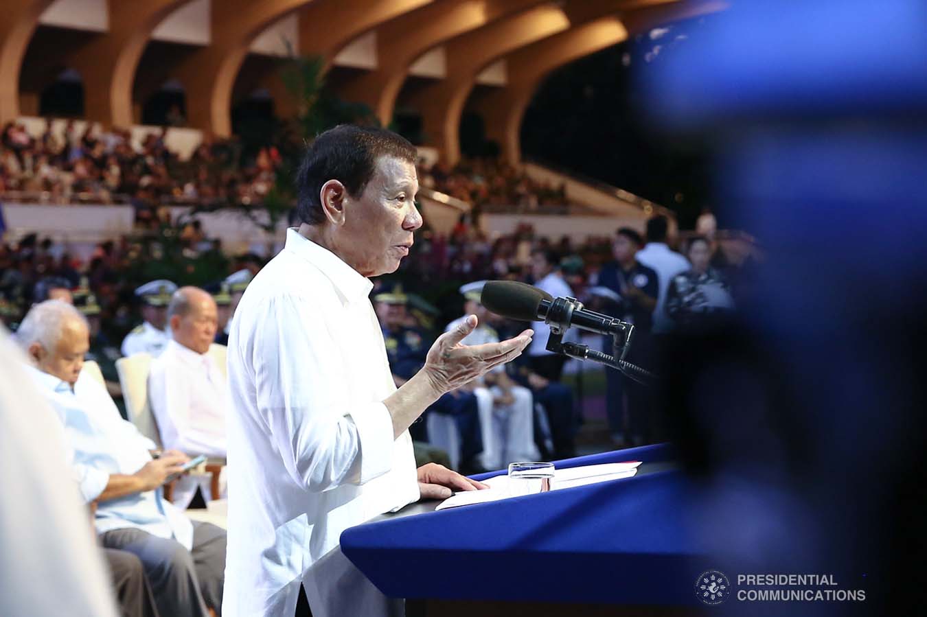 President Rodrigo Roa Duterte delivers a speech during the closing ceremony of the National Reserve Officers' Training Corps (ROTC) Summit and the 1st Presidential Silent Drill Competition at the Quirino Grandstand in Manila on December 20, 2019. REY BANIQUET/PRESIDENTIAL PHOTO