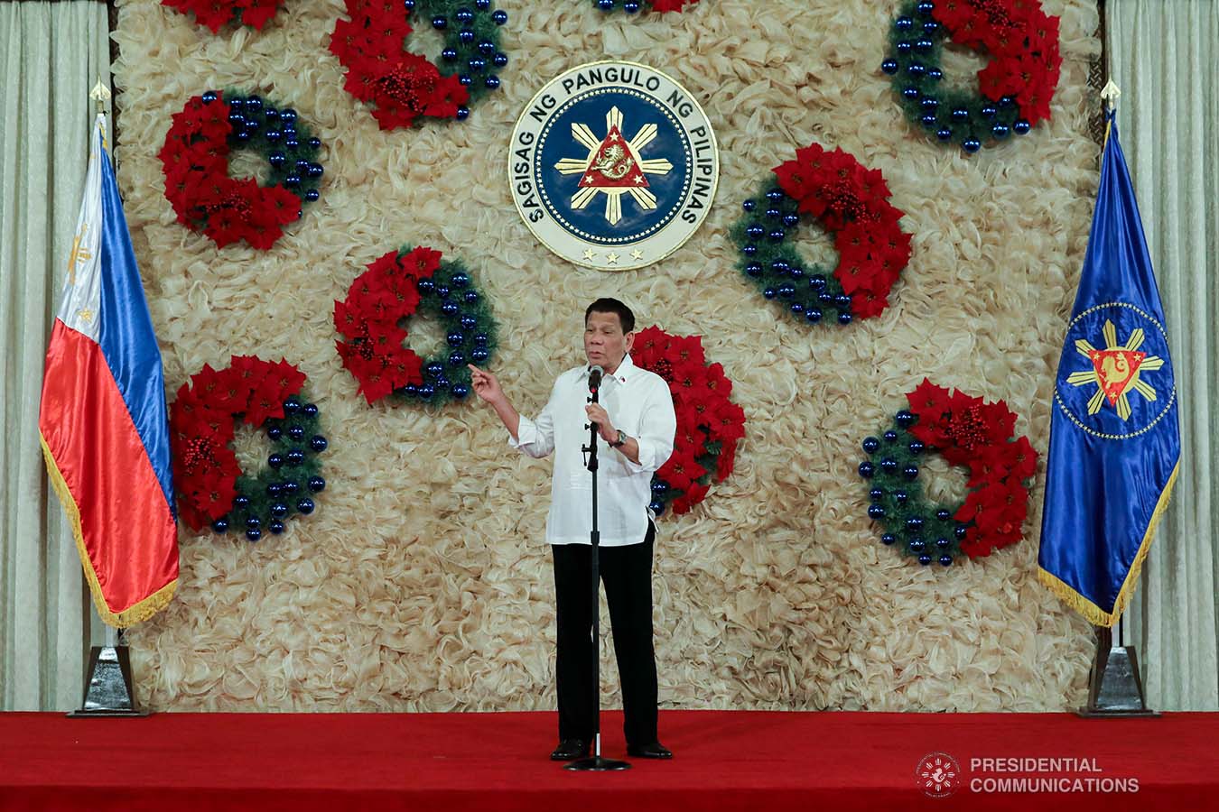 President Rodrigo Roa Duterte delivers his speech during the oath-taking ceremony of the newly- appointed flag officers of the Armed Forces of the Philippines and star-ranked officers of the Philippine National Police at the Malacañan Palace on December 9, 2019. REY BANIQUET/PRESIDENTIAL PHOTO