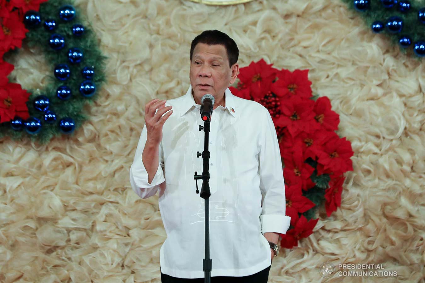 President Rodrigo Roa Duterte delivers his speech during the oath-taking ceremony of the newly- appointed flag officers of the Armed Forces of the Philippines and star-ranked officers of the Philippine National Police at the Malacañan Palace on December 9, 2019. REY BANIQUET/PRESIDENTIAL PHOTO