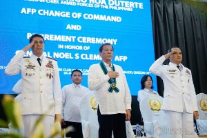 President Rodrigo Roa Duterte sings the Philippine National Anthem during the Armed Forces of the Philippines (AFP) Change of Command ceremony at Camp General Emilio Aguinaldo in Quezon City on January 4, 2020. KING RODRIGUEZ/PRESIDENTIAL PHOTO
