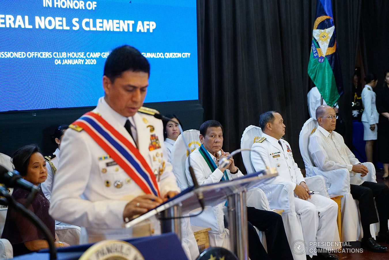 President Rodrigo Roa Duterte listens to the message of outgoing Armed Forces of the Philippines (AFP) Chief of Staff General Noel Clement during the AFP Change of Command ceremony at Camp General Emilio Aguinaldo in Quezon City on January 4, 2020. KING RODRIGUEZ/PRESIDENTIAL PHOTO
