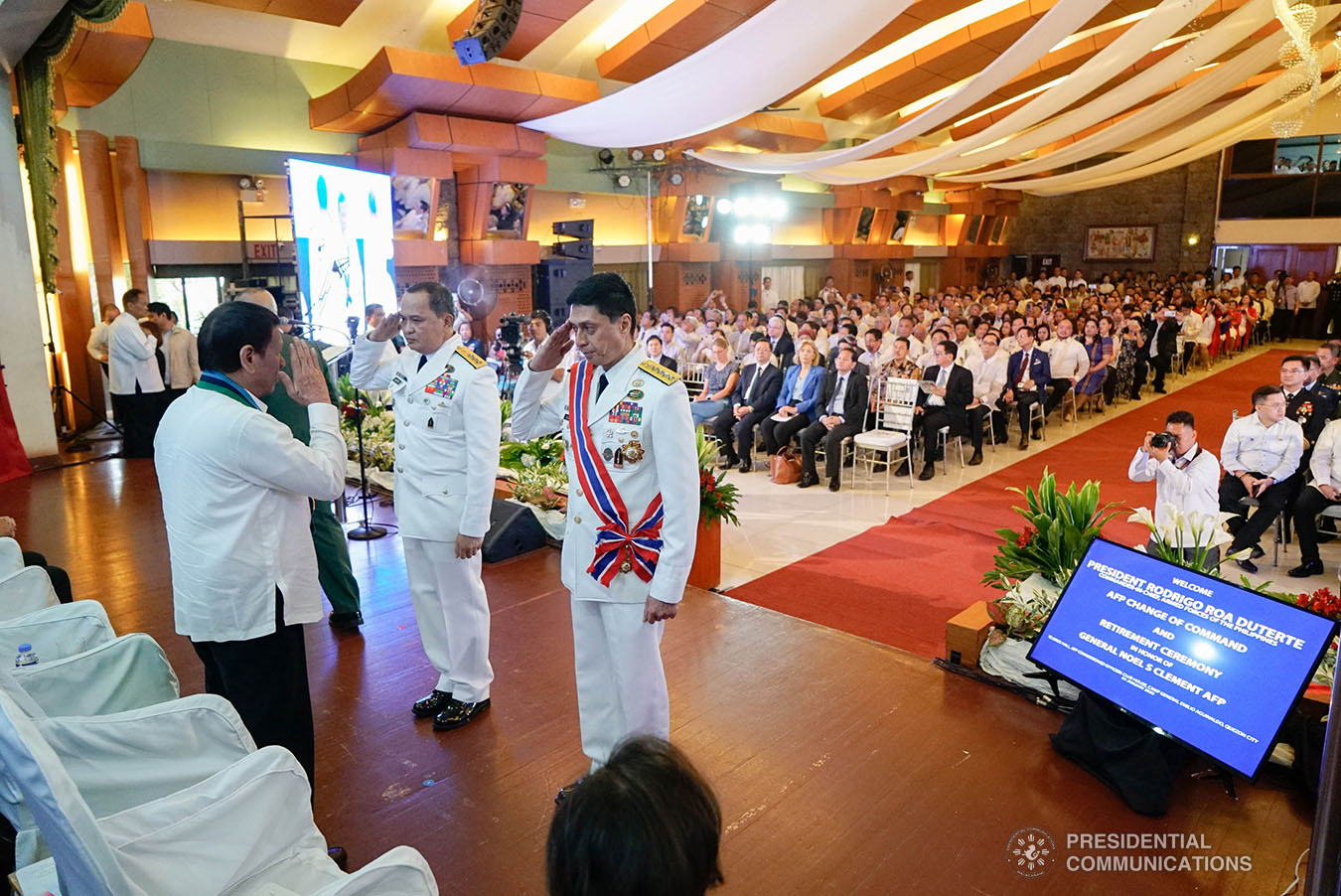 President Rodrigo Roa Duterte salutes newly-installed Armed Forces of the Philippines (AFP) Chief of Staff Lieutenant General Felimon Santos and outgoing AFP Chief of Staff General Noel Clement during the AFP Change of Command ceremony at Camp General Emilio Aguinaldo in Quezon City on January 4, 2020. KING RODRIGUEZ/PRESIDENTIAL PHOTO