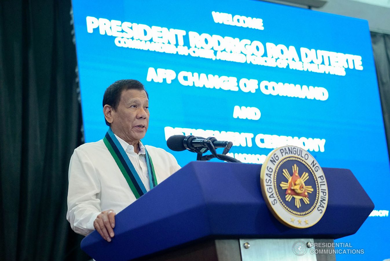President Rodrigo Roa Duterte delivers a speech during the Armed Forces of the Philippines (AFP) Change of Command ceremony at Camp General Emilio Aguinaldo in Quezon City on January 4, 2020. KING RODRIGUEZ/PRESIDENTIAL PHOTO