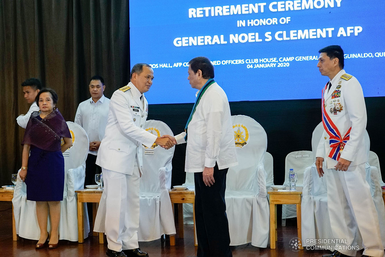 President Rodrigo Roa Duterte greets Armed Forces of the Philippines (AFP) Chief of Staff Lieutenant General Felimon Santos during the AFP Change of Command ceremony at Camp General Emilio Aguinaldo in Quezon City on January 4, 2020. KING RODRIGUEZ/PRESIDENTIAL PHOTO