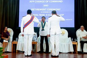 President Rodrigo Roa Duterte salutes newly-installed Armed Forces of the Philippines (AFP) Chief of Staff Lieutenant General Felimon Santos and outgoing AFP Chief of Staff General Noel Clement during the AFP Change of Command ceremony at Camp General Emilio Aguinaldo in Quezon City on January 4, 2020. REY BANIQUET/PRESIDENTIAL PHOTO
