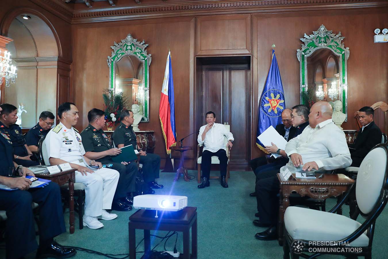 President Rodrigo Roa Duterte convenes with officials from the security sector at the Malacañan Palace on January 5, 2020. During the meeting, the President discussed security matters regarding the country's contingency measures to ensure the safety of Filipinos based in the Middle East amid the potential tension between the United States and Iran. He also ordered concerned agencies to prepare for any eventualities and possible impact on the country. ALFRED FRIAS/PRESIDENTIAL PHOTO