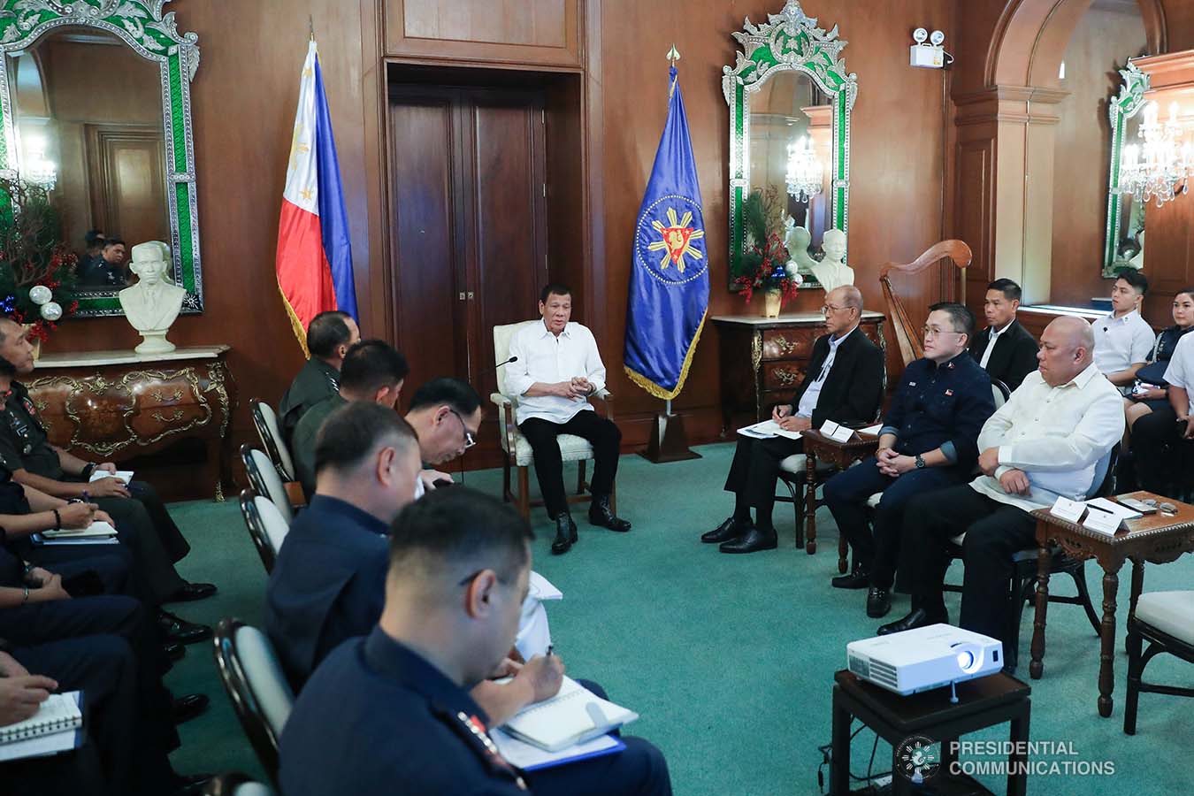 President Rodrigo Roa Duterte convenes with officials from the security sector at the Malacañan Palace on January 5, 2020. During the meeting, the President discussed security matters regarding the country's contingency measures to ensure the safety of Filipinos based in the Middle East amid the potential tension between the United States and Iran. He also ordered concerned agencies to prepare for any eventualities and possible impact on the country. ALFRED FRIAS/PRESIDENTIAL PHOTO