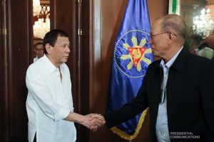 President Rodrigo Roa Duterte greets Defense Secretary Delfin Lorenzana prior to the start of a meeting at the Malacañan Palace on January 5, 2020. The President discussed security matters regarding the country's contingency measures to ensure the safety of the Filipinos based in the Middle East amid the potential tension between USA and Iran. He also ordered concerned agencies to prepare for any eventualities and possible impact on the country. ALFRED FRIAS/PRESIDENTIAL PHOTO