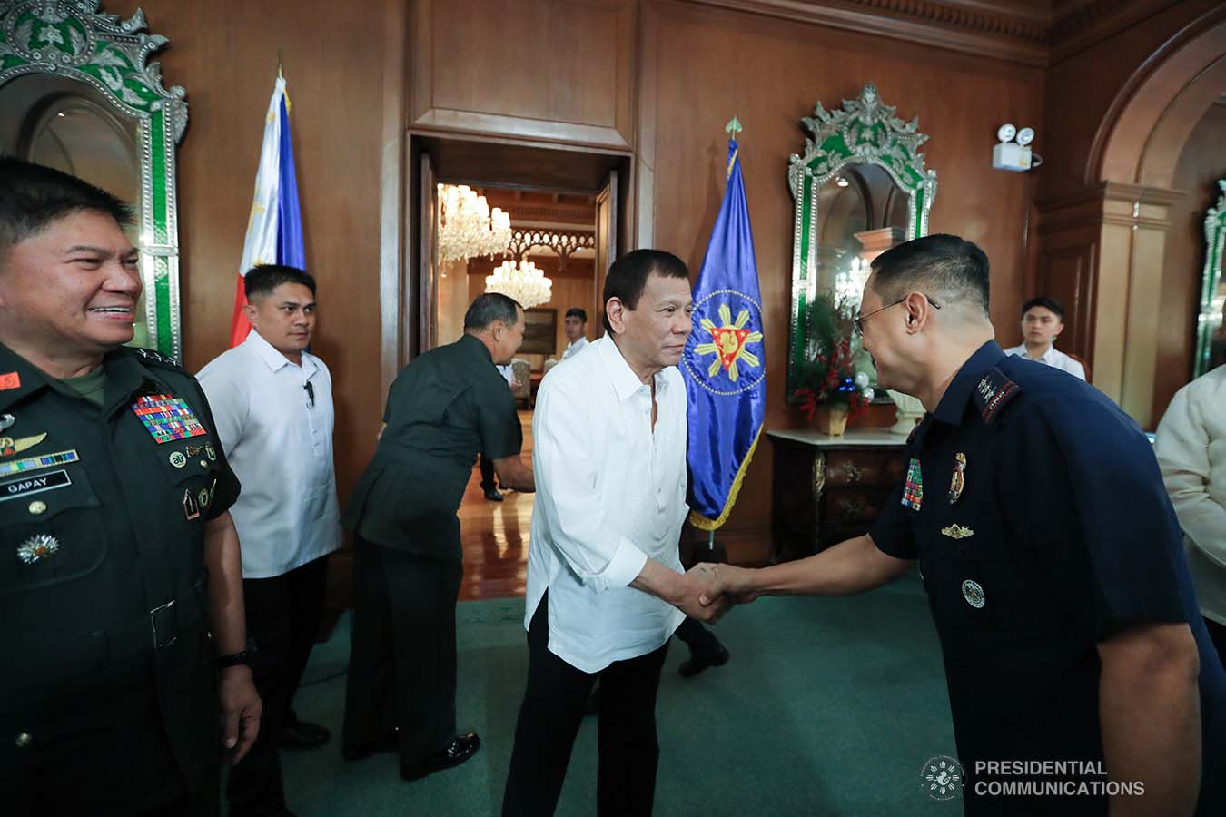 President Rodrigo Roa Duterte greets an officer from the security sector prior to the start of a meeting at the Malacañan Palace on January 5, 2020. The President discussed security matters regarding the country's contingency measures to ensure the safety of the Filipinos based in the Middle East amid the potential tension between USA and Iran. He also directed concerned agencies to prepare for any eventualities and possible impact on the country. ALFRED FRIAS/PRESIDENTIAL PHOTO