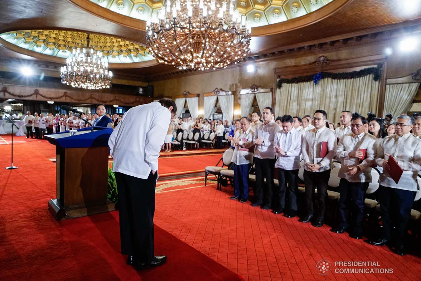 President Rodrigo Roa Duterte takes a bow before the newly-appointed government officials during the oath-taking ceremony at the Malacañan Palace on January 8, 2020. KING RODRIGUEZ/PRESIDENTIAL PHOTO