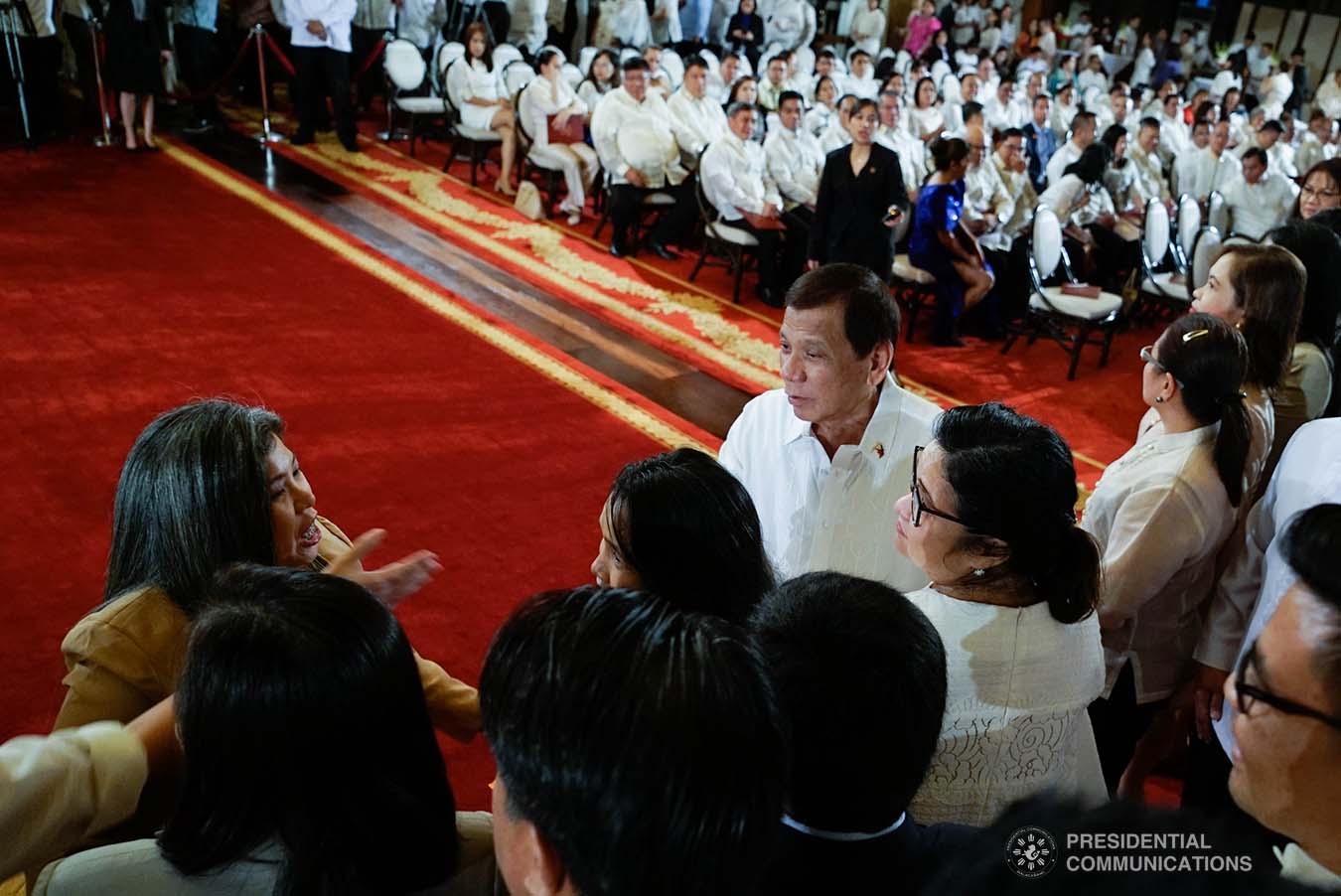 President Rodrigo Roa Duterte greets one of the newly-appointed government officials during the oath-taking ceremony at the Malacañan Palace on January 8, 2020. KING RODRIGUEZ/PRESIDENTIAL PHOTO