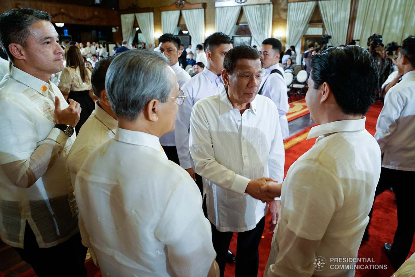President Rodrigo Roa Duterte greets one of the newly-appointed government officials during the oath-taking ceremony at the Malacañan Palace on January 8, 2020. KING RODRIGUEZ/PRESIDENTIAL PHOTO