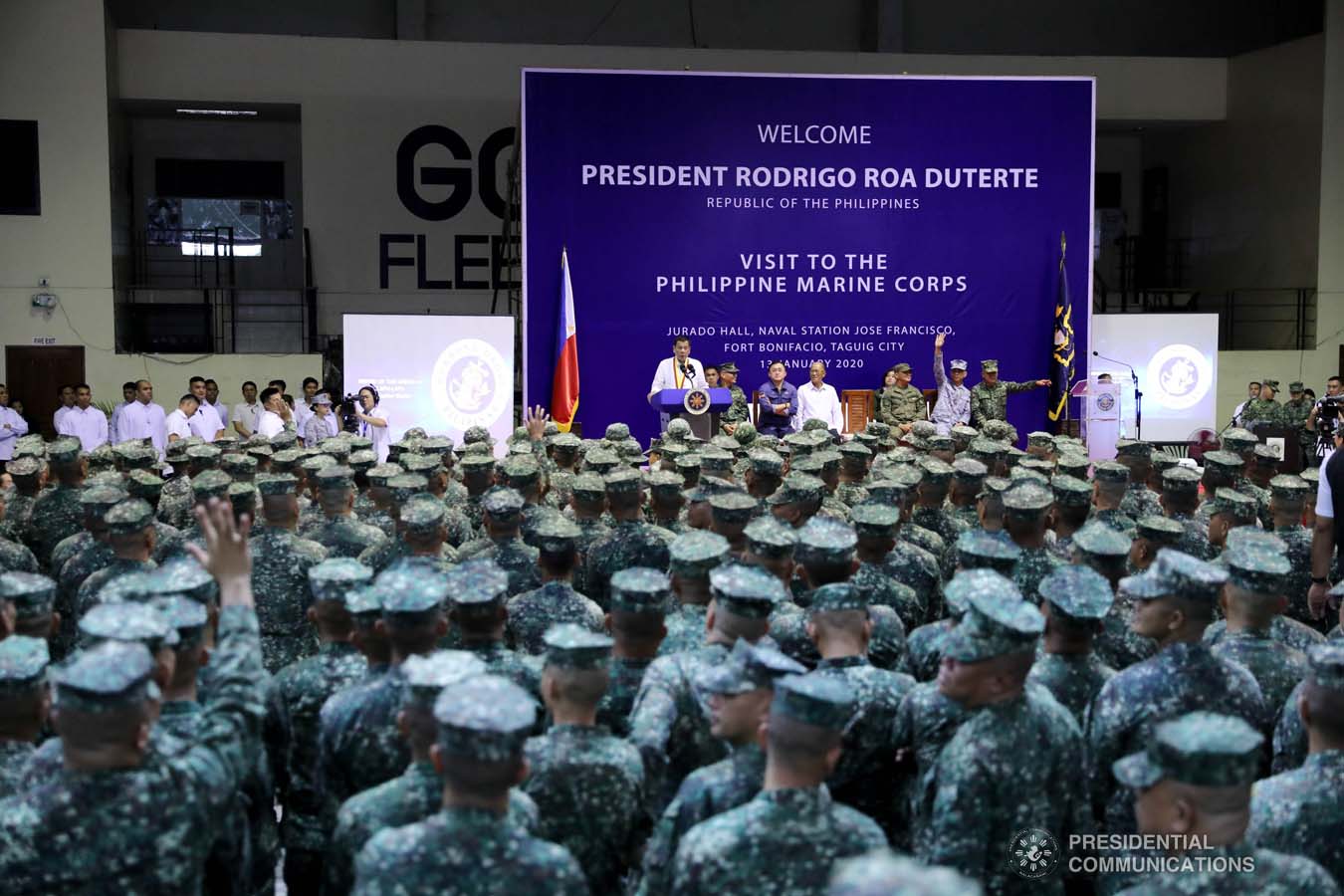 President Rodrigo Roa Duterte delivers a speech during his visit to the Philippine Marine Corps headquarters at Fort Bonifacio in Taguig City on January 13, 2020. ALFRED FRIAS/PRESIDENTIAL PHOTO