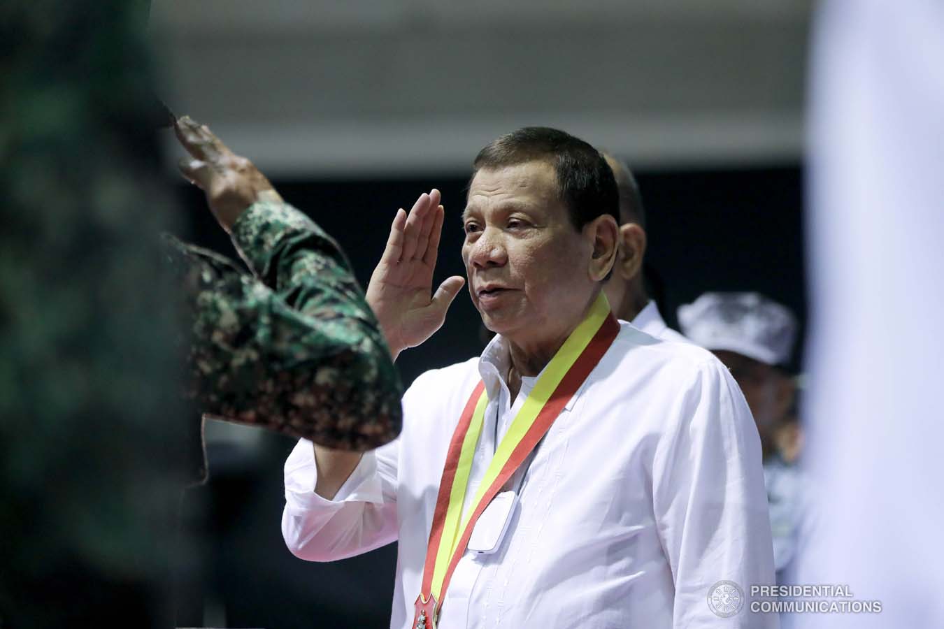 President Rodrigo Roa Duterte salutes one of the personnel of the Philippine Marine Corps, who was conferred the Order of Lapu-Lapu Rank of Kamagi during his visit to the PMC headquarters at Fort Bonifacio in Taguig City on January 13, 2020. The President honored the PMC personnel who took part in the liberation of Marawi City from the terrorists. ALFRED FRIAS/PRESIDENTIAL PHOTO