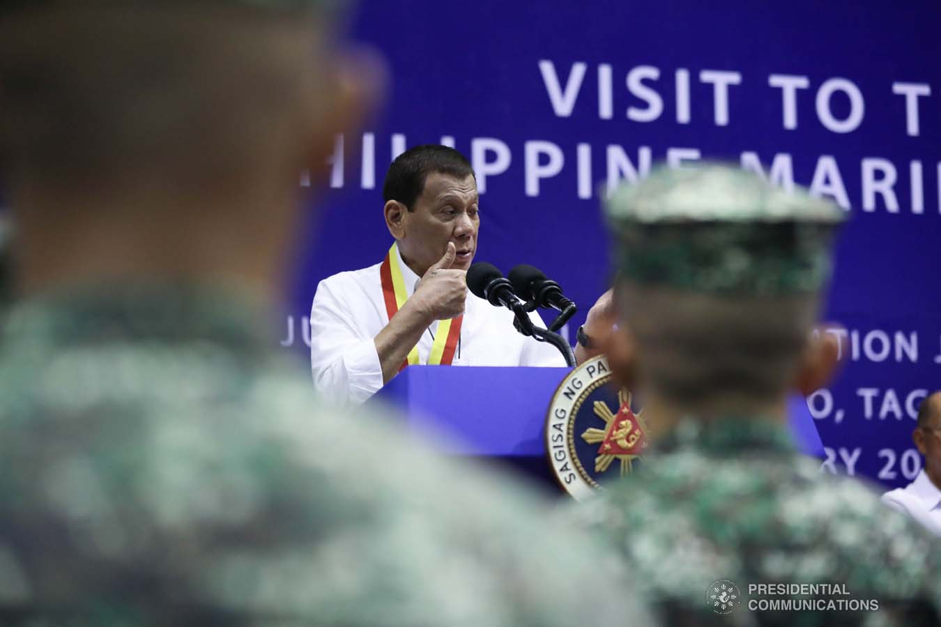 President Rodrigo Roa Duterte delivers a speech during his visit to the Philippine Marine Corps headquarters at Fort Bonifacio in Taguig City on January 13, 2020. TOTO LOZANO/PRESIDENTIAL PHOTO