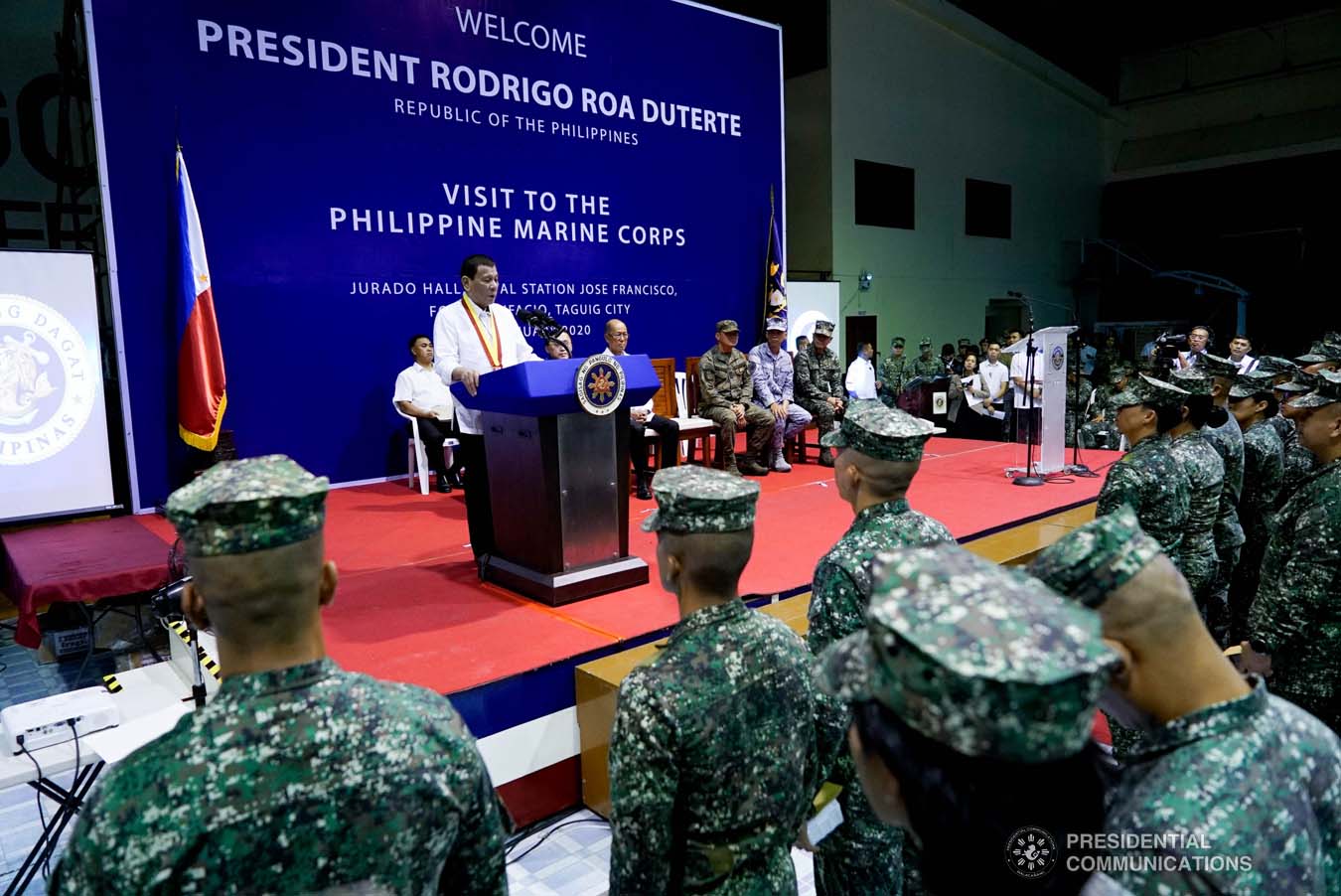 President Rodrigo Roa Duterte delivers a speech during his visit to the Philippine Marine Corps headquarters at Fort Bonifacio in Taguig City on January 13, 2020. KING RODRIGUEZ/PRESIDENTIAL PHOTO