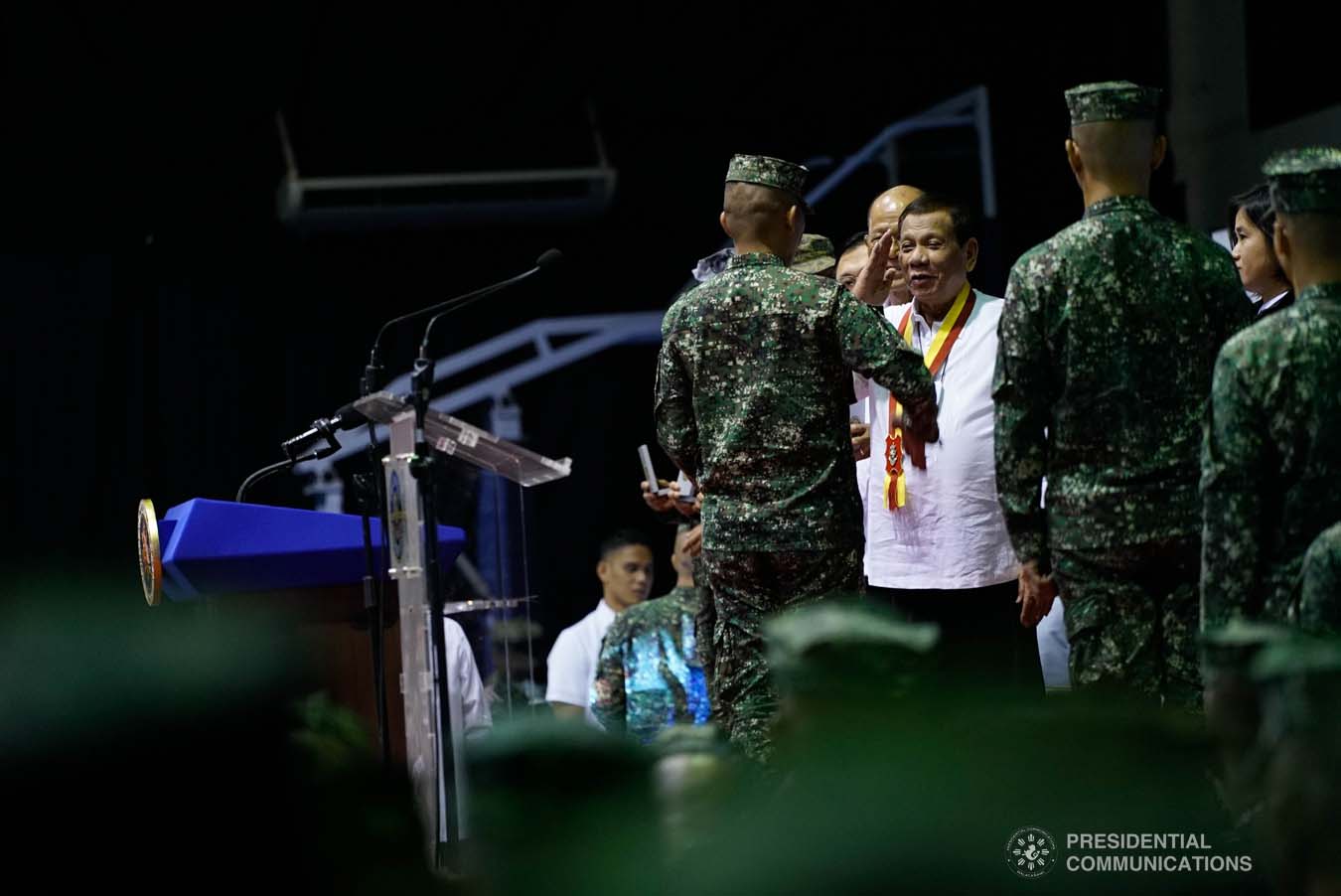 President Rodrigo Roa Duterte salutes one of the Philippine Marine Corps (PMC) personnel, who was conferred with the Order of Lapu-Lapu Rank of Kamagi at Fort Bonifacio in Taguig City on January 13, 2020. The President honored the PMC personnel who took part in the liberation of Marawi City from the terrorists. KING RODRIGUEZ/PRESIDENTIAL PHOTO