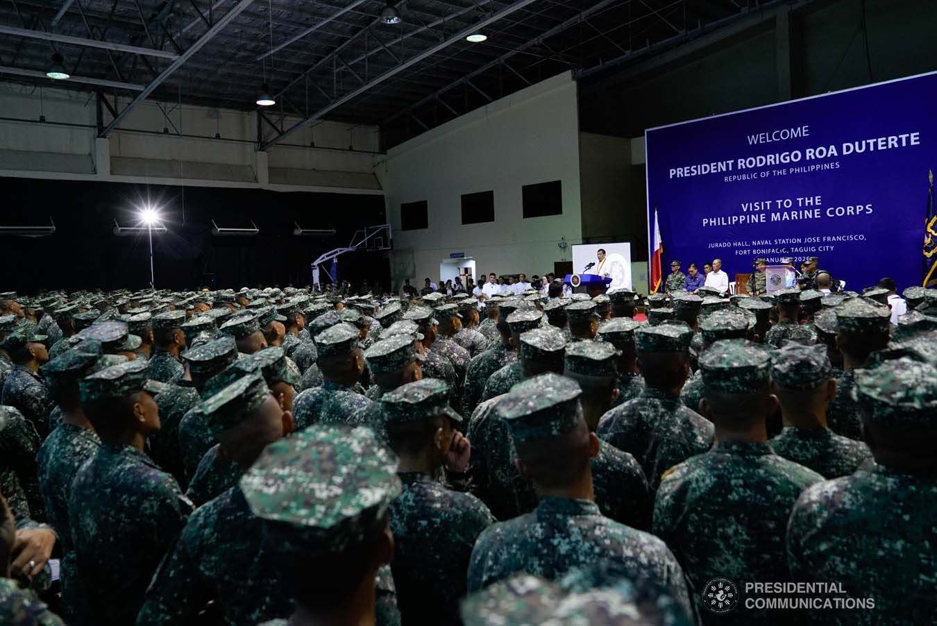 President Rodrigo Roa Duterte delivers a speech during his visit to the Philippine Marine Corps headquarters at Fort Bonifacio in Taguig City on January 13, 2020. KING RODRIGUEZ/PRESIDENTIAL PHOTO