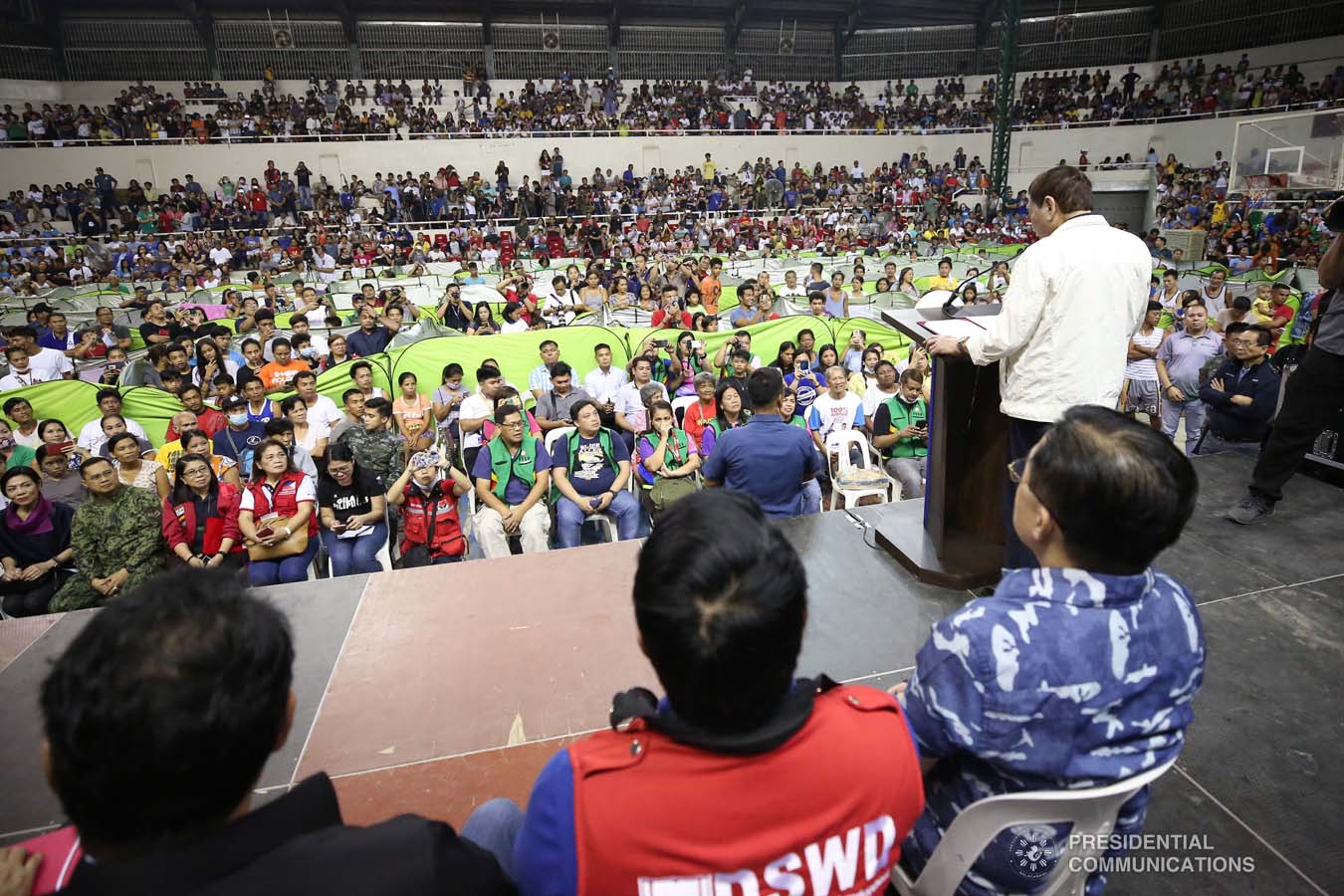 President Rodrigo Roa Duterte delivers a speech during his visit to the families affected by the Taal Volcano eruption at the Batangas City Sports Coliseum on January 14, 2020. ACE MORANDANTE/PRESIDENTIAL PHOTO