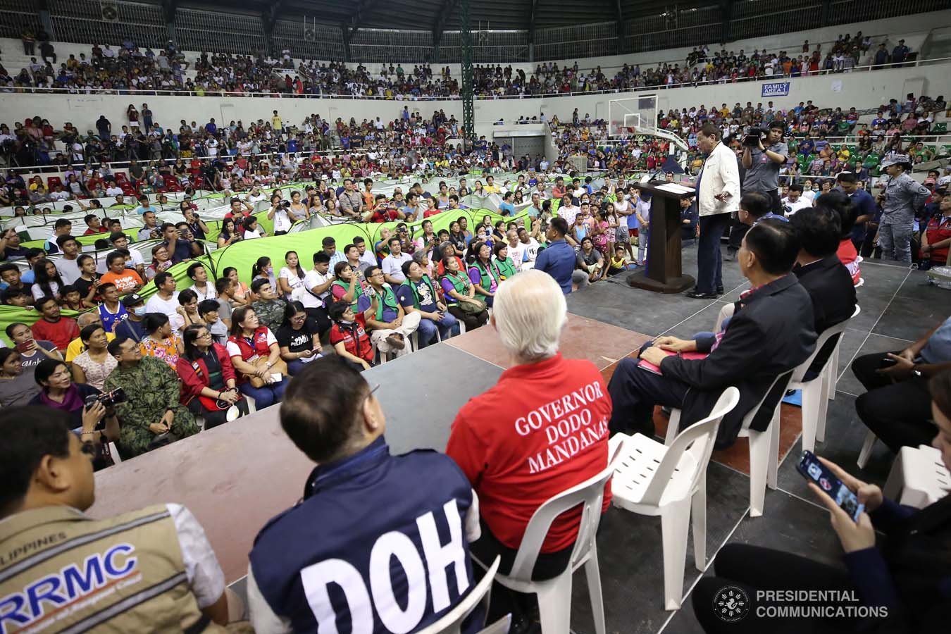 President Rodrigo Roa Duterte delivers a speech during his visit to the families affected by the Taal Volcano eruption at the Batangas City Sports Coliseum on January 14, 2020. ACE MORANDANTE/PRESIDENTIAL PHOTO
