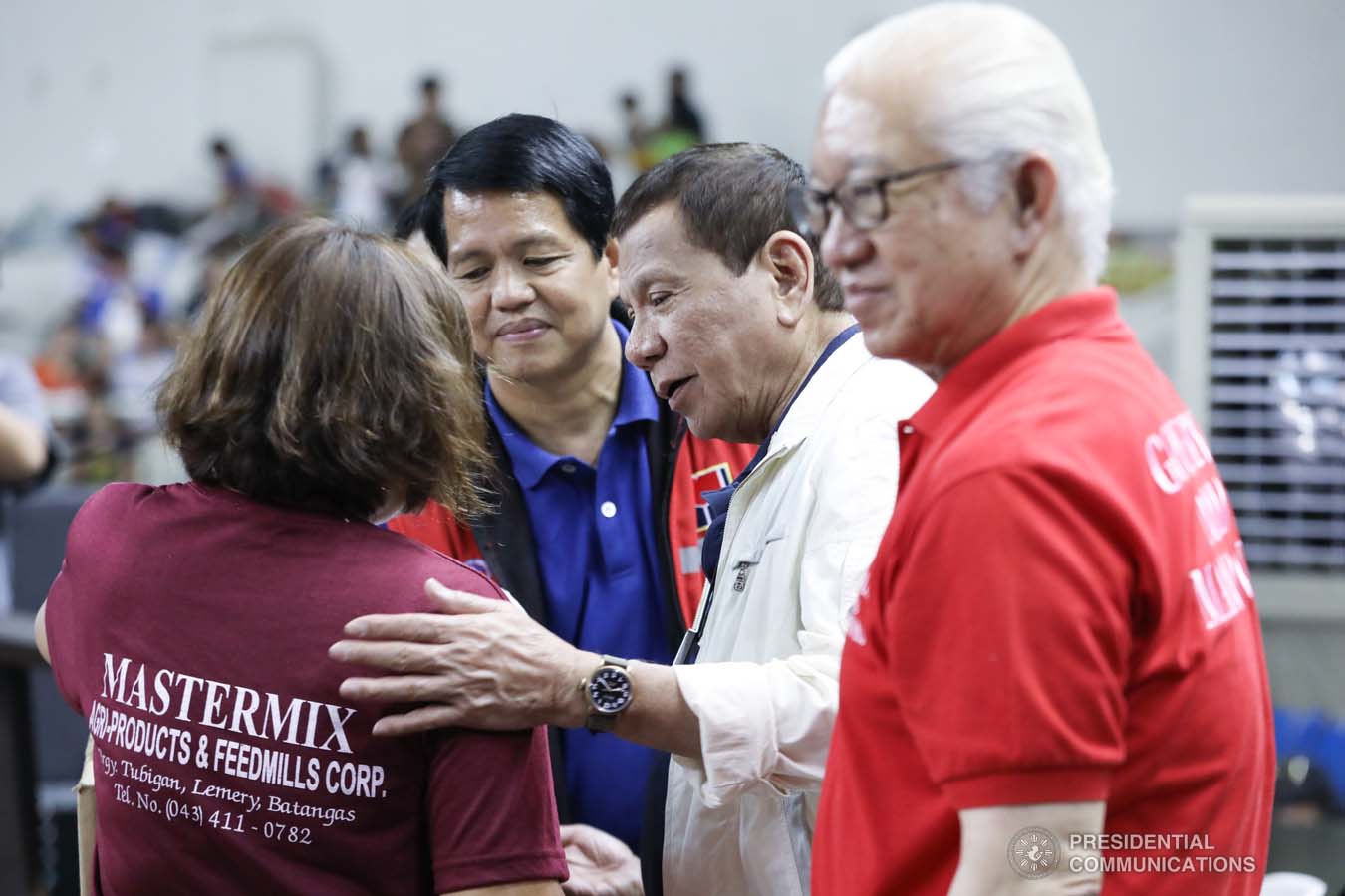President Rodrigo Roa Duterte comforts one of the victims affected by the Taal Volcano eruption during his visit at the Batangas City Sports Coliseum on January 14, 2020. ACE MORANDANTE/PRESIDENTIAL PHOTO