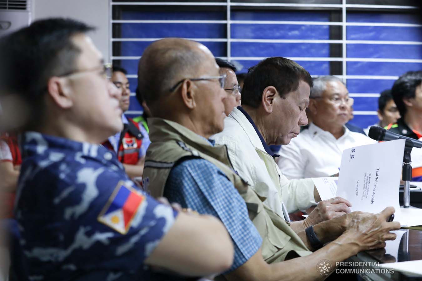 President Rodrigo Roa Duterte presides over a situation briefing on the effects of the Taal Volcano eruption at the Batangas Provincial Sports Complex on January 14, 2020. ACE MORANDANTE/PRESIDENTIAL PHOTO
