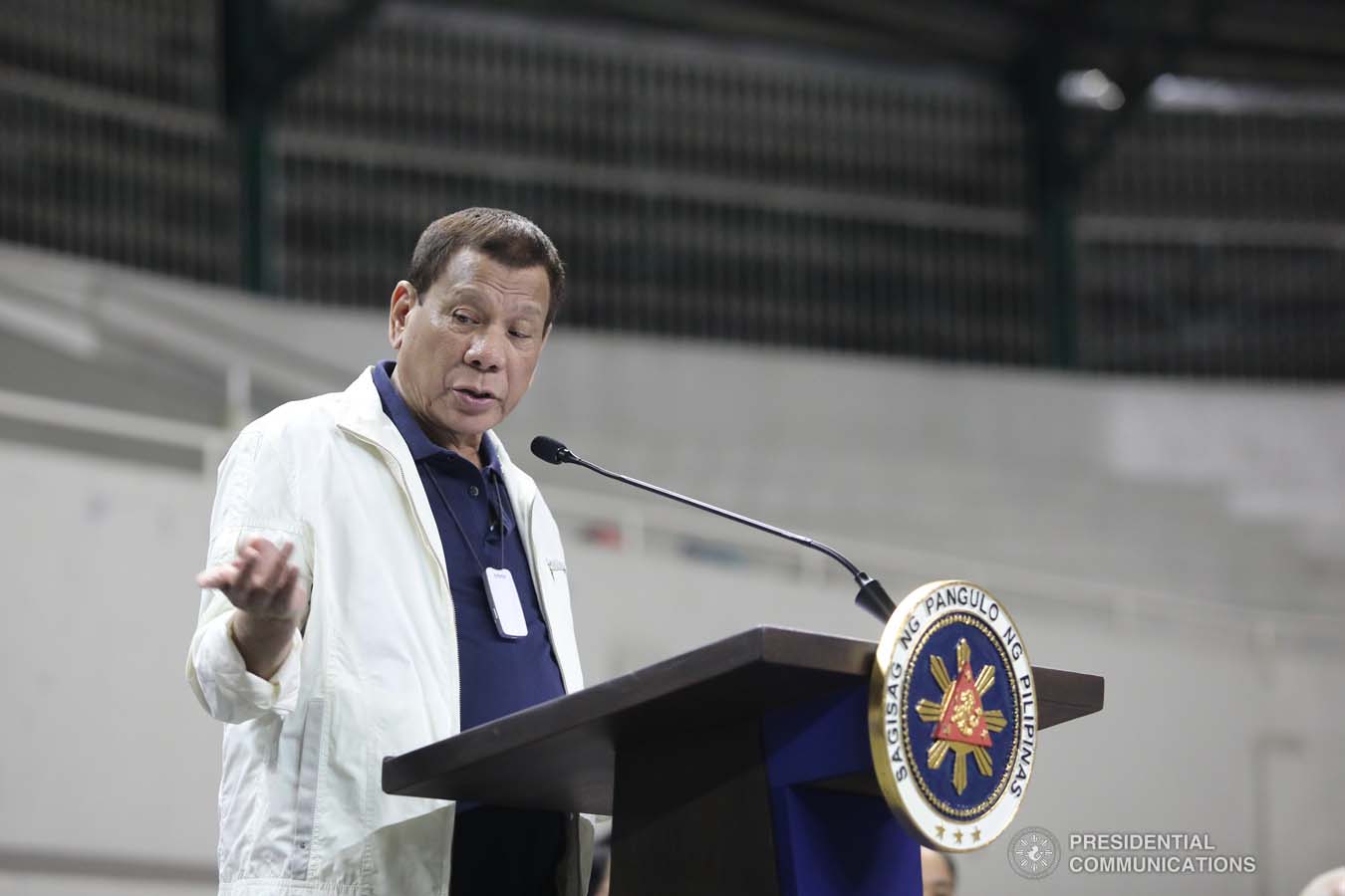 President Rodrigo Roa Duterte delivers a speech during his visit to the families affected by the Taal Volcano eruption at the Batangas City Sports Coliseum on January 14, 2020. VALERIE ESCALERA/PRESIDENTIAL PHOTO