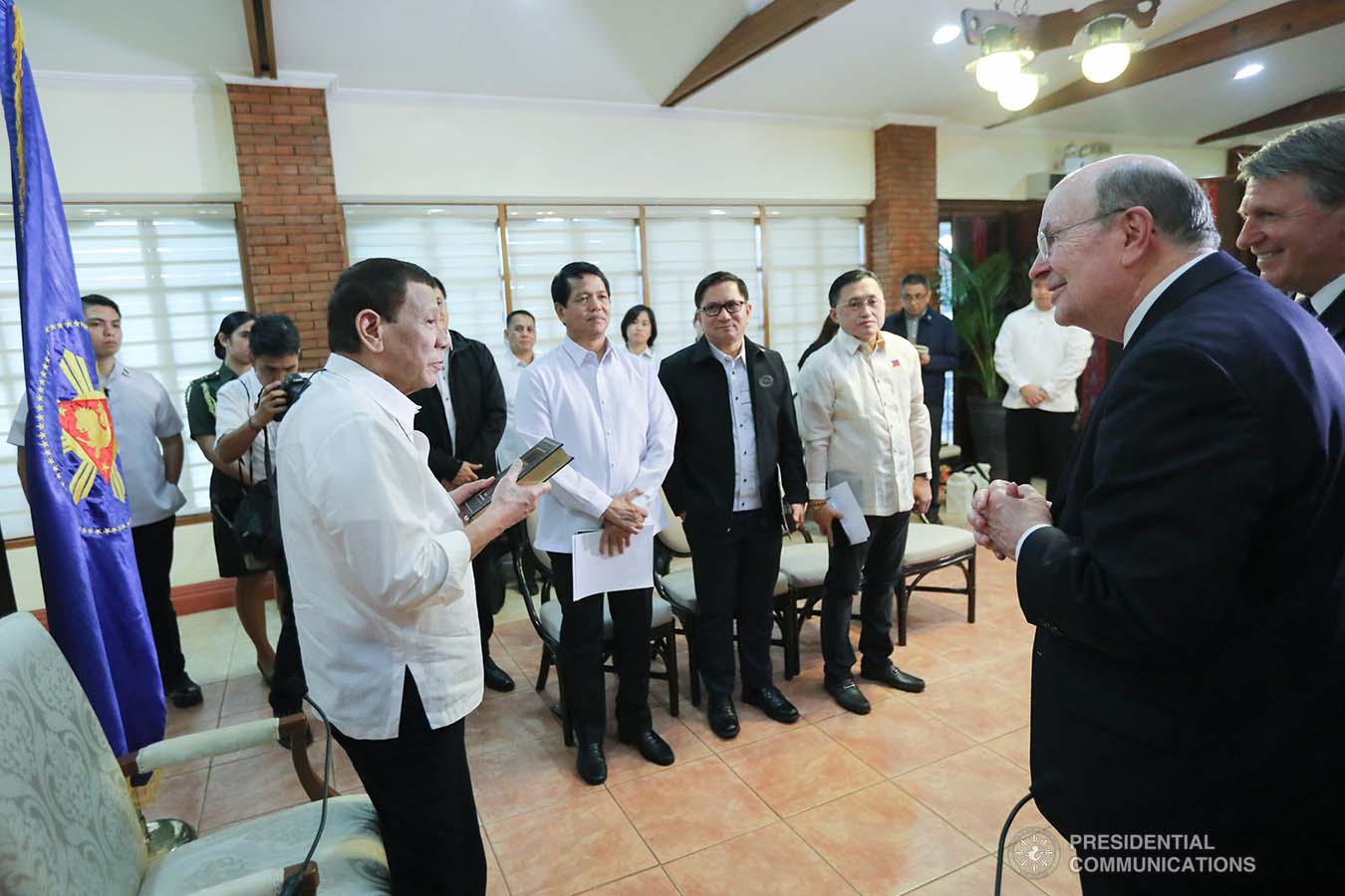President Rodrigo Roa Duterte receives a copy of the Book of Mormon from the officials of the Church of Jesus Christ of Latter-Day Saints who paid a courtesy call on the President at the Malago Clubhouse in Manila on January 15, 2020. ALFRED FRIAS/PRESIDENTIAL PHOTO