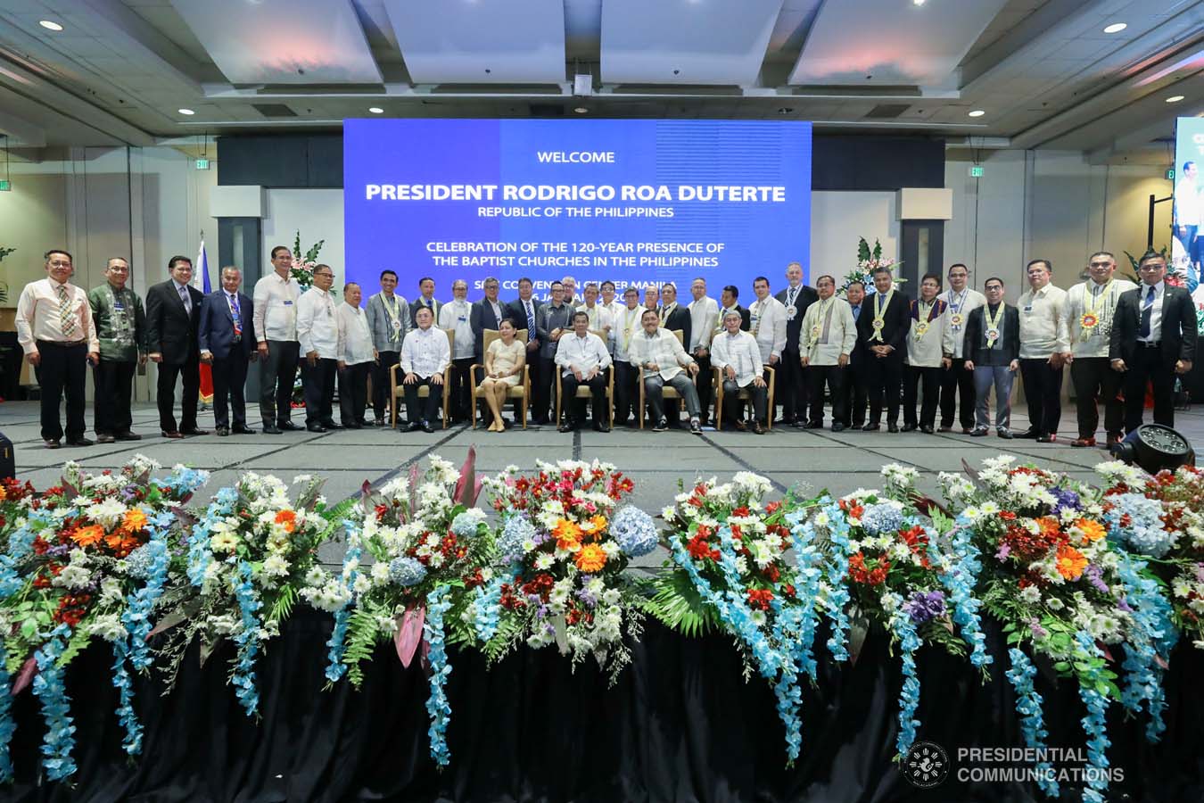 President Rodrigo Roa Duterte poses for posterity with the guests during the celebration of the 120-year presence of the Baptist Churches in the Philippines at the SMX Convention Center in Pasay City on January 16, 2020. TOTO LOZANO/PRESIDENTIAL PHOTO