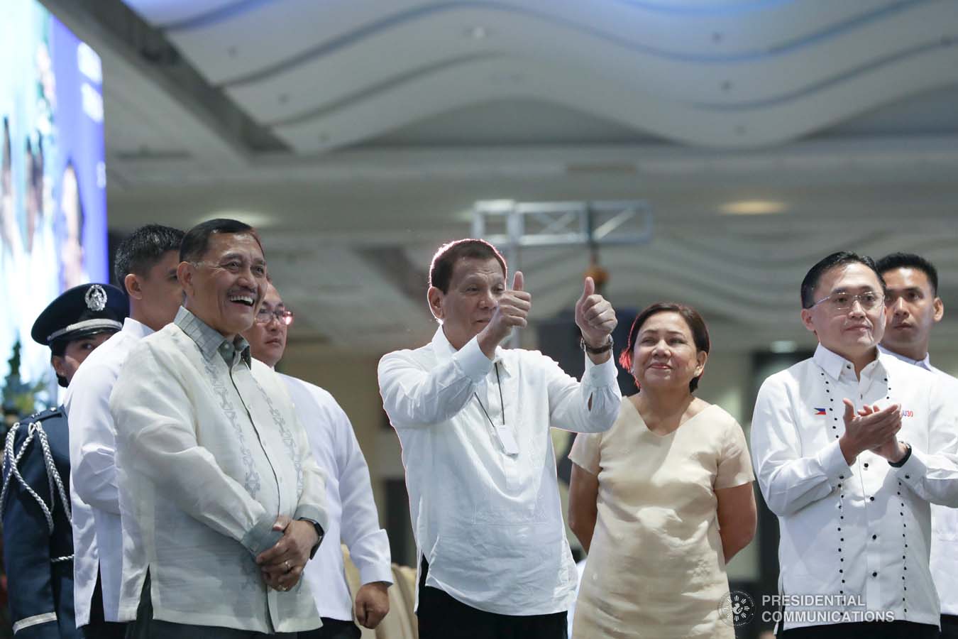 President Rodrigo Roa Duterte gives a thumbs up gesture to the guests during the celebration of the 120-year presence of the Baptist Churches in the Philippines at the SMX Convention Center in Pasay City on January 16, 2020. TOTO LOZANO/PRESIDENTIAL PHOTO