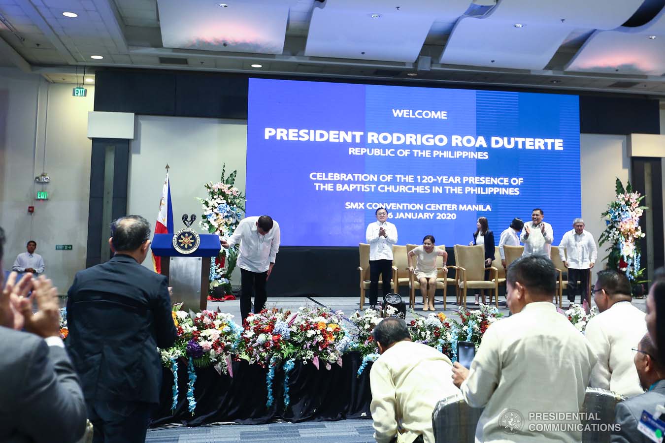 President Rodrigo Roa Duterte takes a bow after delivering his speech during the celebration of the 120-year presence of the Baptist Churches in the Philippines at the SMX Convention Center in Pasay City on January 16, 2020. VALERIE ESCALERA/PRESIDENTIAL PHOTO