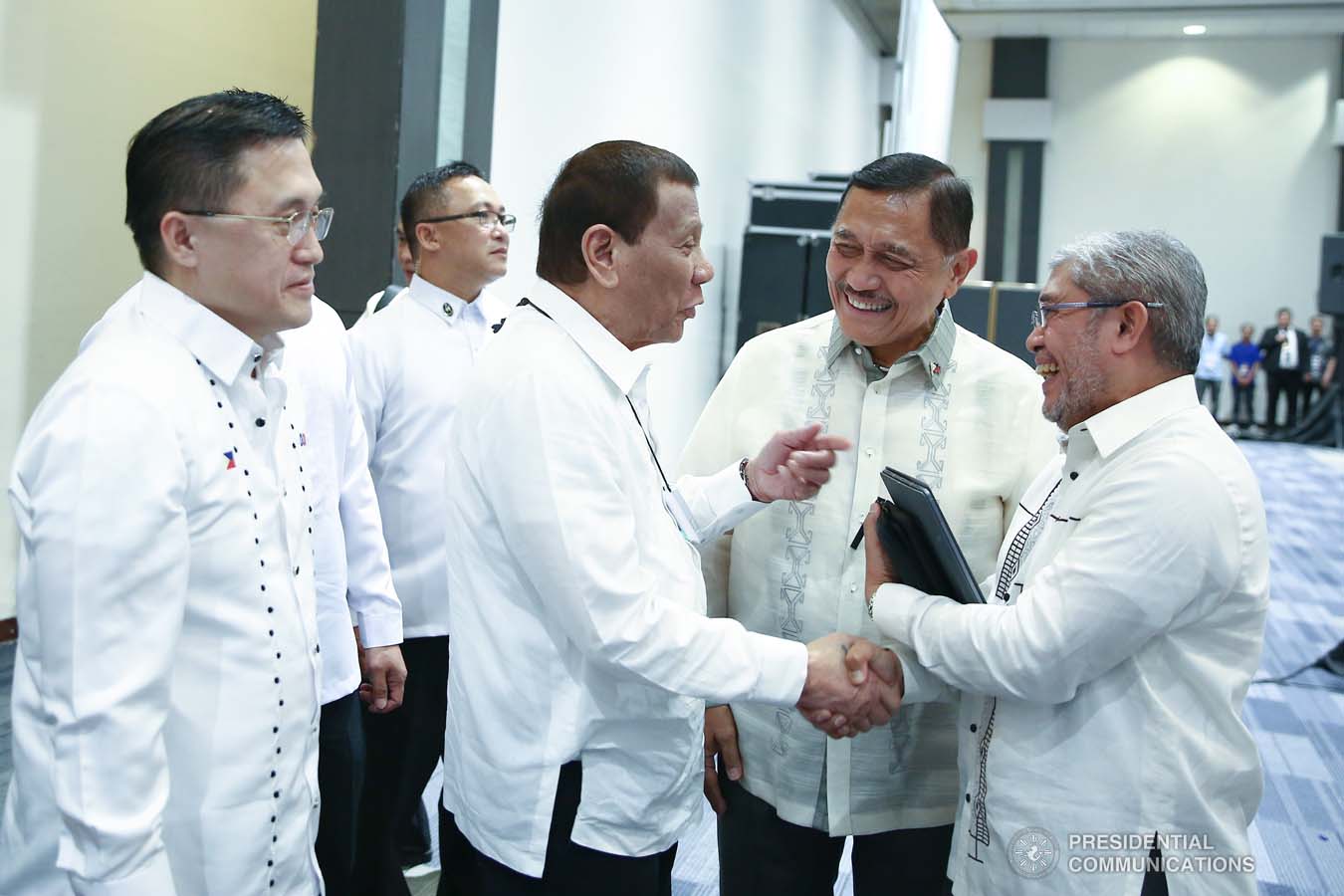President Rodrigo Roa Duterte shares a light moment with Manila Sixth District Representative Bienvenido Abante Jr. and Bible Believers League for Morality and Democracy (BIBLEMODE) International Secretary General Reuben Abante during the celebration of the 120-year presence of the Baptist Churches in the Philippines at the SMX Convention Center in Pasay City on January 16, 2020. VALERIE ESCALERA/PRESIDENTIAL PHOTO