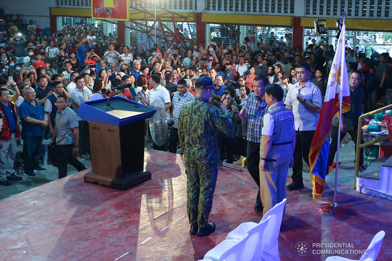 President Rodrigo Roa Duterte salutes newly appointed Philippine National Police Chief Police Lieutenant General Archie Gamboa during the oath-taking ceremony at the Polytechnic University of the Philippines-Sto. Tomas Campus in Sto. Tomas City, Batangas on January 20, 2020. VALERIE ESCALERA/PRESIDENTIAL PHOTO