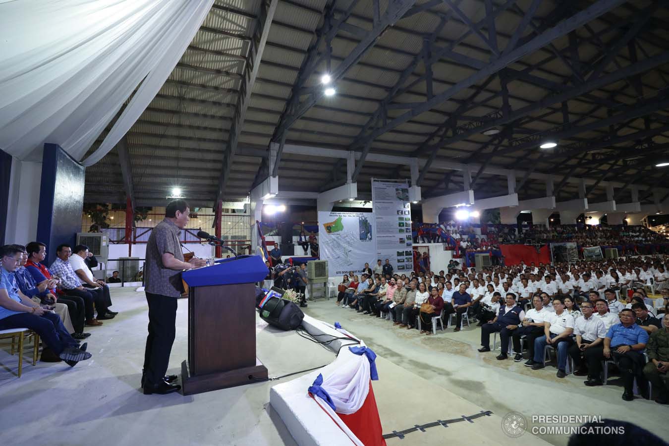 President Rodrigo Roa Duterte delivers a speech after leading the distribution of benefits to former rebels at the San Isidro Central School in Leyte on January 23, 2020. KARL NORMAN ALONZO/PRESIDENTIAL PHOTO