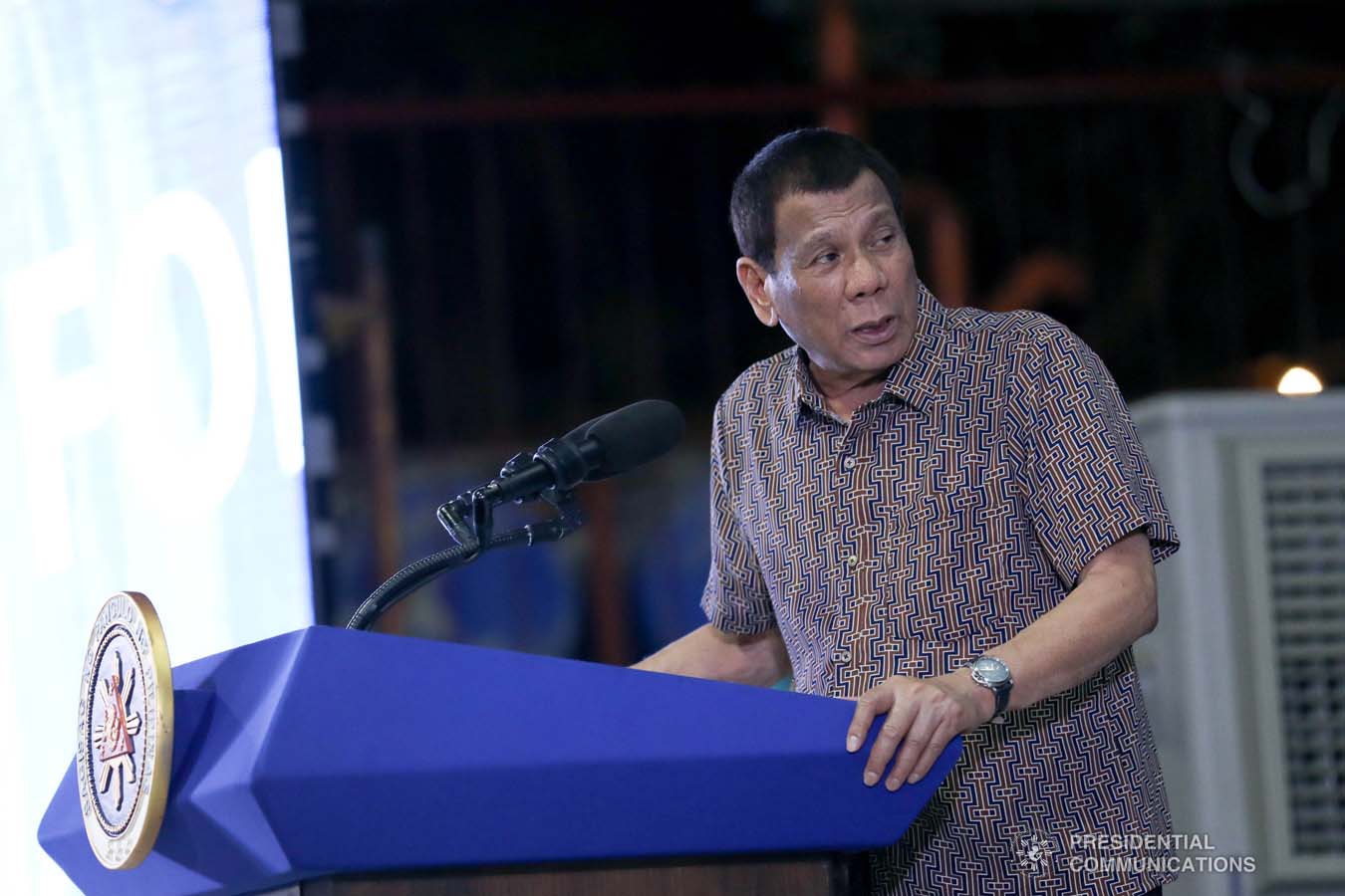 President Rodrigo Roa Duterte delivers a speech after leading the distribution of benefits to former rebels at the San Isidro Central School in Leyte on January 23, 2020. KARL NORMAN ALONZO/PRESIDENTIAL PHOTO
