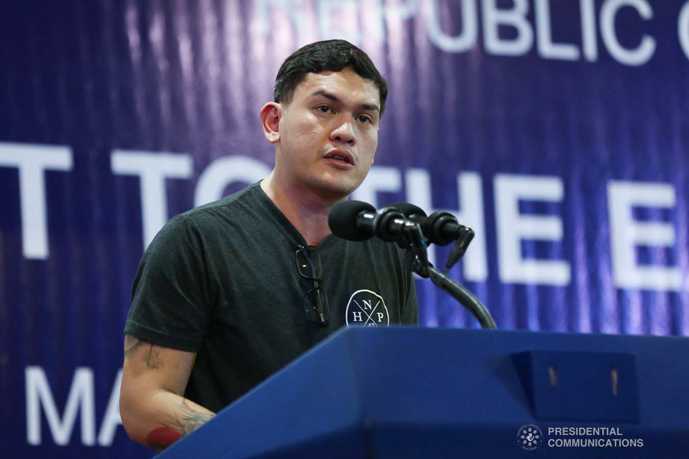 Davao City Vice Mayor Sebastian Duterte, who visited earthquake victims in Malalag, Davao del Sur on behalf of his father President Rodrigo Roa Duterte, delivers a speech at the Malalag Cultural and Sports Center on January 3, 2020. ALBERT ALCAIN/PRESIDENTIAL PHOTO