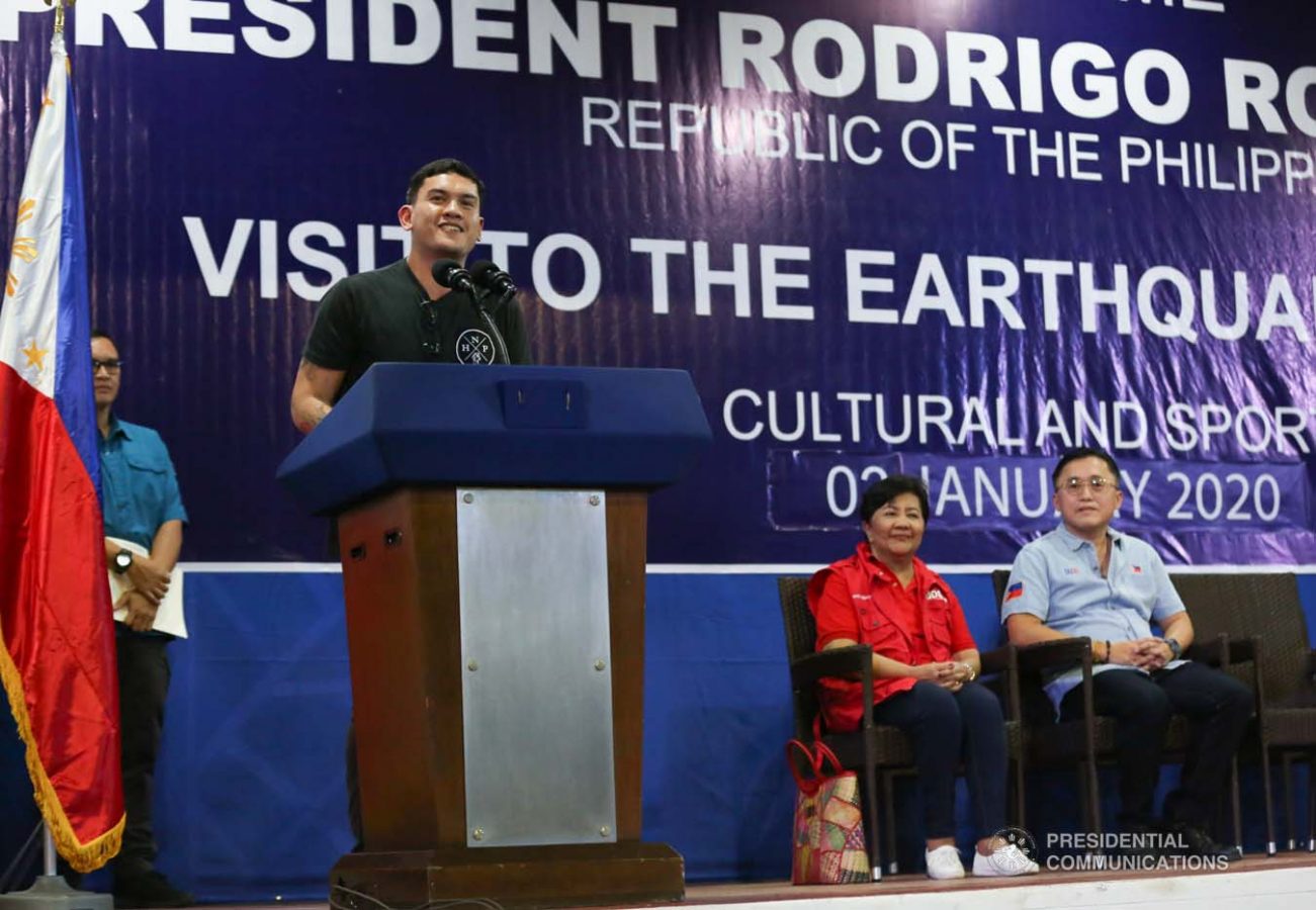 Davao City Vice Mayor Sebastian Duterte, who visited earthquake victims in Malalag, Davao del Sur on behalf of his father President Rodrigo Roa Duterte, delivers a speech at the Malalag Cultural and Sports Center on January 3, 2020. KARL NORMAN ALONZO/PRESIDENTIAL PHOTO