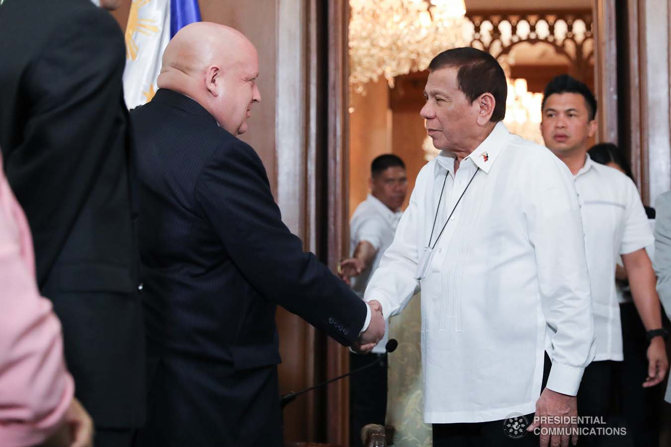 President Rodrigo Roa Duterte greets outgoing New Zealand Ambassador to the Philippines David Strachan, who paid a farewell call on the President at the Malacañan Palace on January 27, 2020. ALFRED FRIAS/PRESIDENTIAL PHOTO