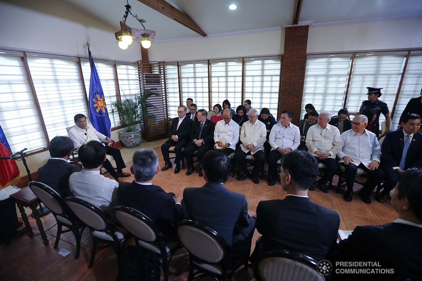 President Rodrigo Roa Duterte discusses matters with Japanese Foreign Minister Toshimitsu Motegi, who paid a courtesy call on the President at the Malacañang Golf Clubhouse in Manila on January 9, 2020. ALFRED FRIAS/PRESIDENTIAL PHOTO