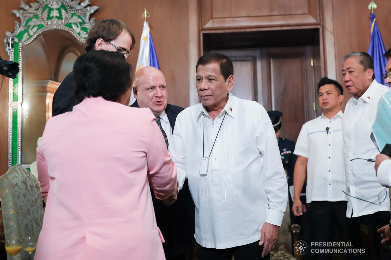 President Rodrigo Roa Duterte greets the members of the delegation of outgoing New Zealand Ambassador to the Philippines David Strachan, who paid a farewell call on the President at the Malacañan Palace on January 27, 2020. ALFRED FRIAS/PRESIDENTIAL PHOTO