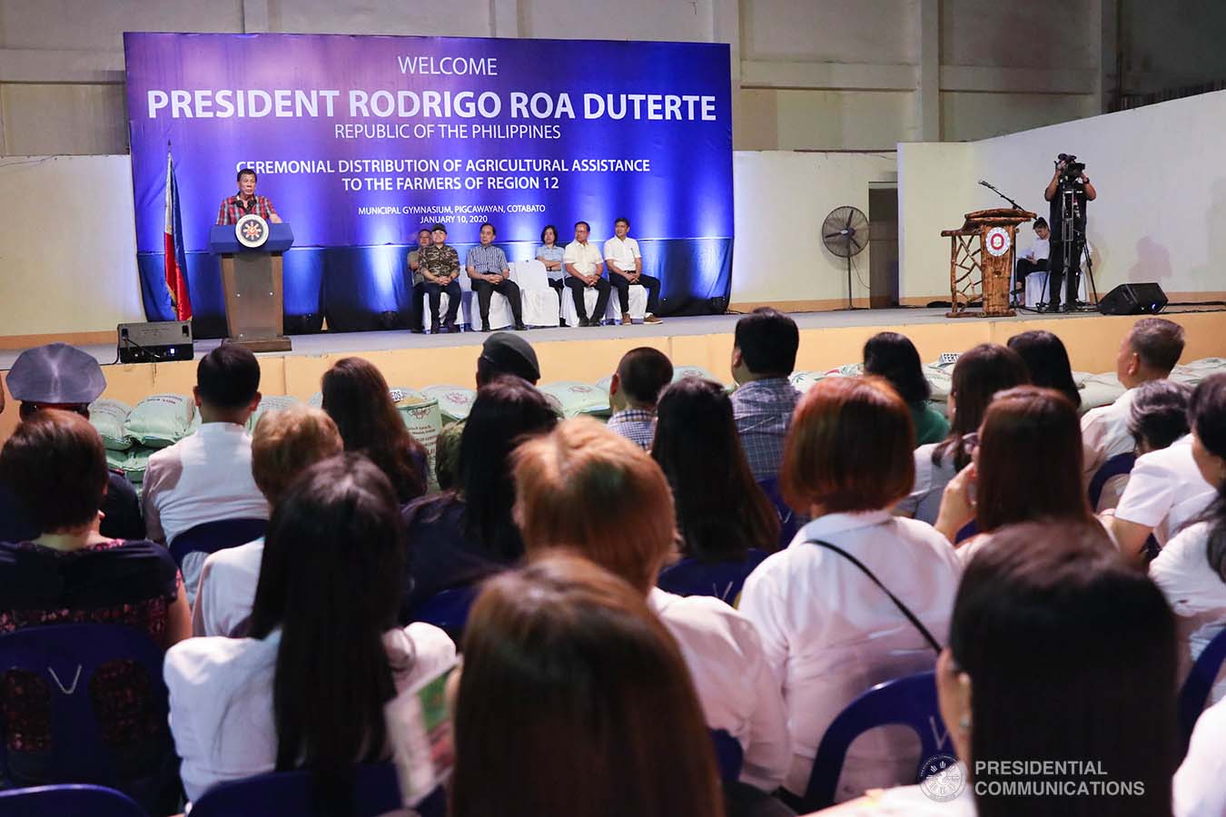 President Rodrigo Roa Duterte delivers a speech during the ceremonial distribution of agricultural assistance to the farmers of Region 12 at the Pigcawayan Municipal Gymnasium in Cotabato on January 10, 2020. ROBINSON NIÑAL JR./PRESIDENTIAL PHOTO