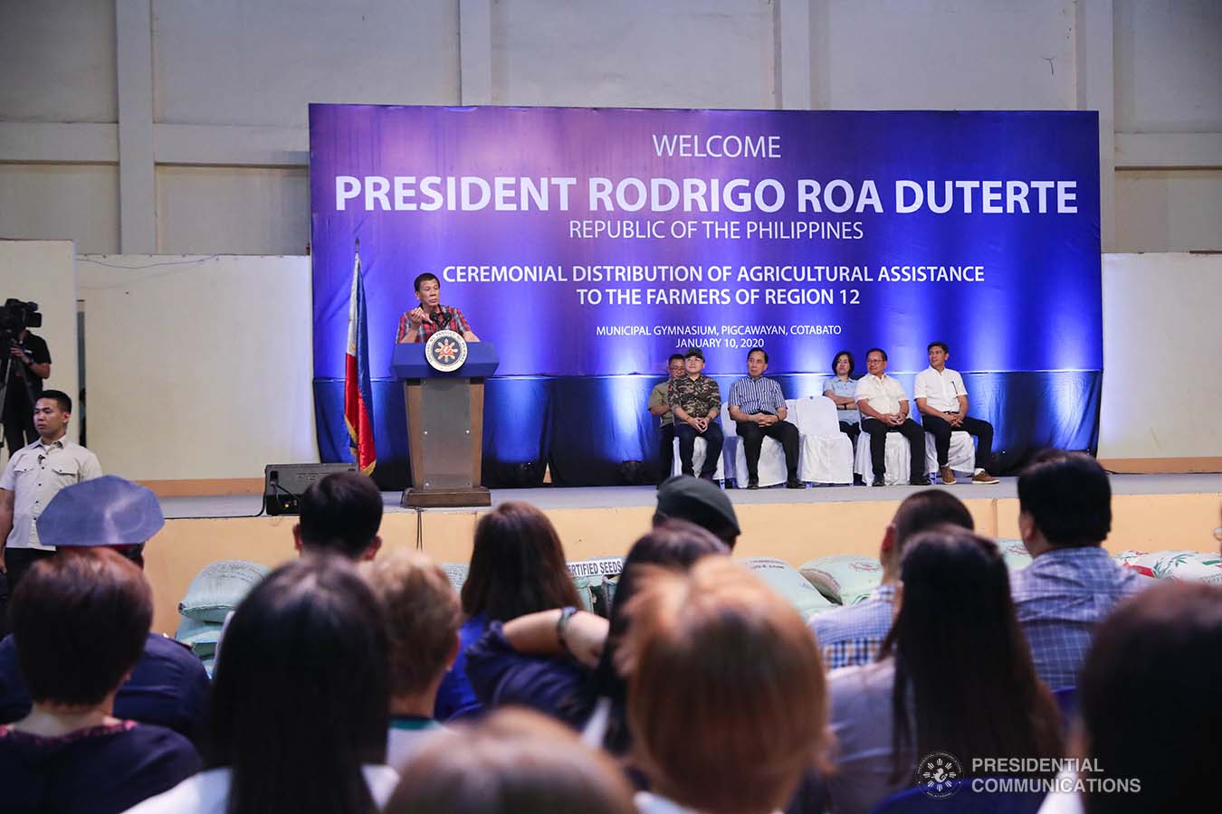 President Rodrigo Roa Duterte delivers a speech during the ceremonial distribution of agricultural assistance to the farmers of Region 12 at the Pigcawayan Municipal Gymnasium in Cotabato on January 10, 2020. ROBINSON NIÑAL JR./PRESIDENTIAL PHOTO