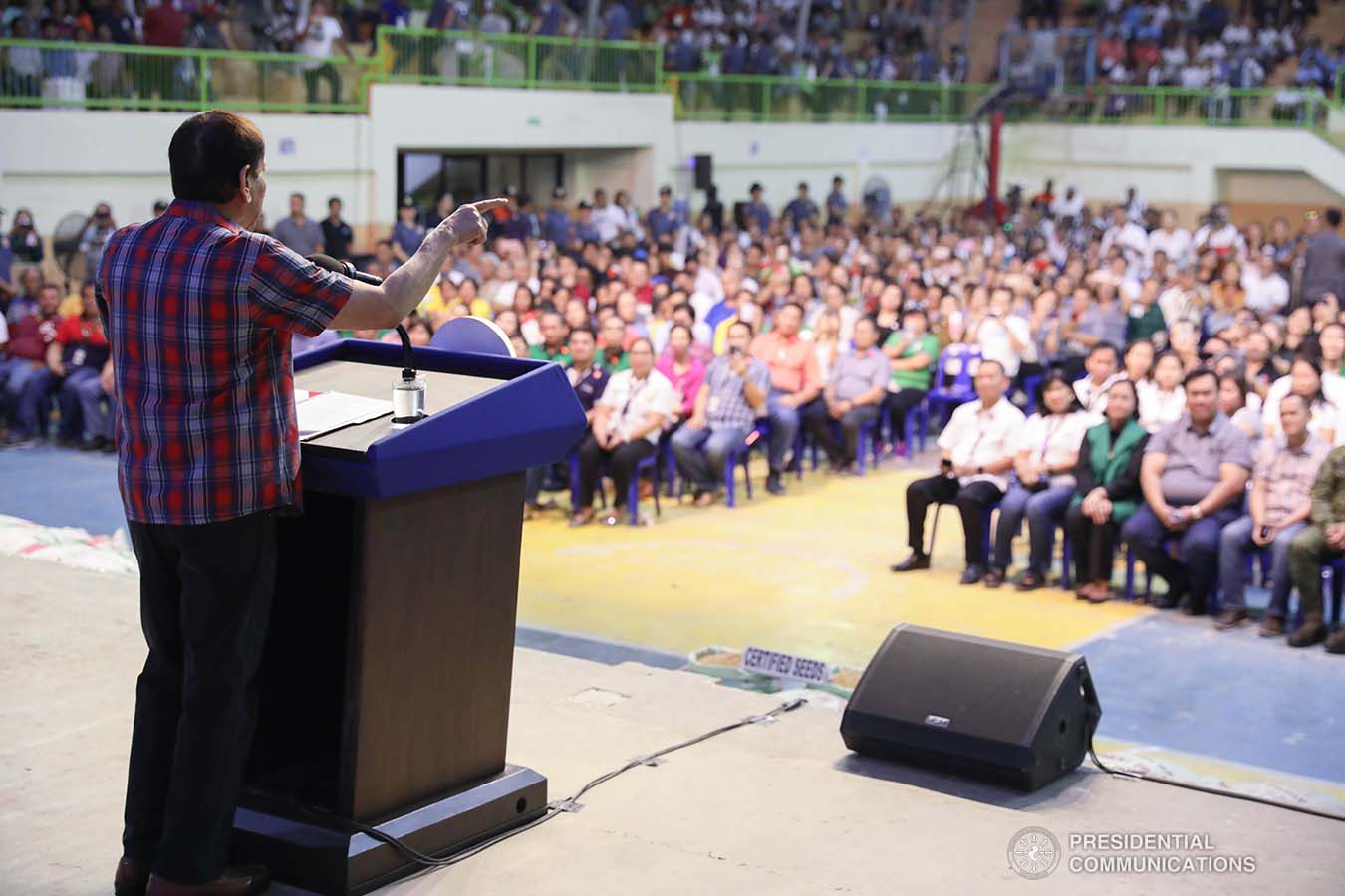 President Rodrigo Roa Duterte delivers a speech during the ceremonial distribution of agricultural assistance to the farmers of Region 12 at the Pigcawayan Municipal Gymnasium in Cotabato on January 10, 2020. SIMEON CELI JR./PRESIDENTIAL PHOTO