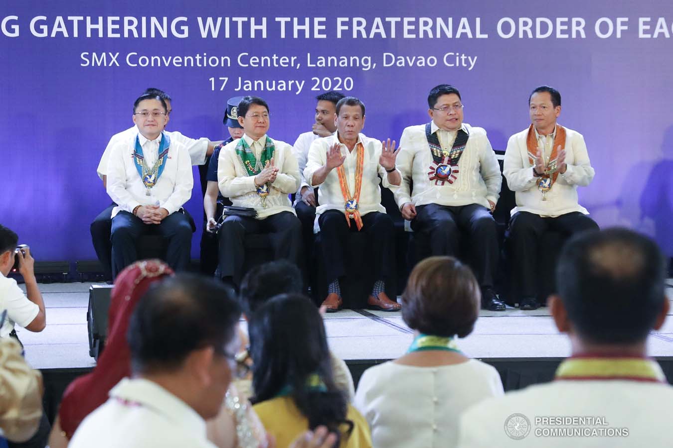 President Rodrigo Roa Duterte gestures to the guests during the thanksgiving gathering with The Fraternal Order of Eagles (TFOE) at the SMX Convention Center in Davao City on January 17, 2020. SIMEON CELI JR./PRESIDENTIAL PHOTO