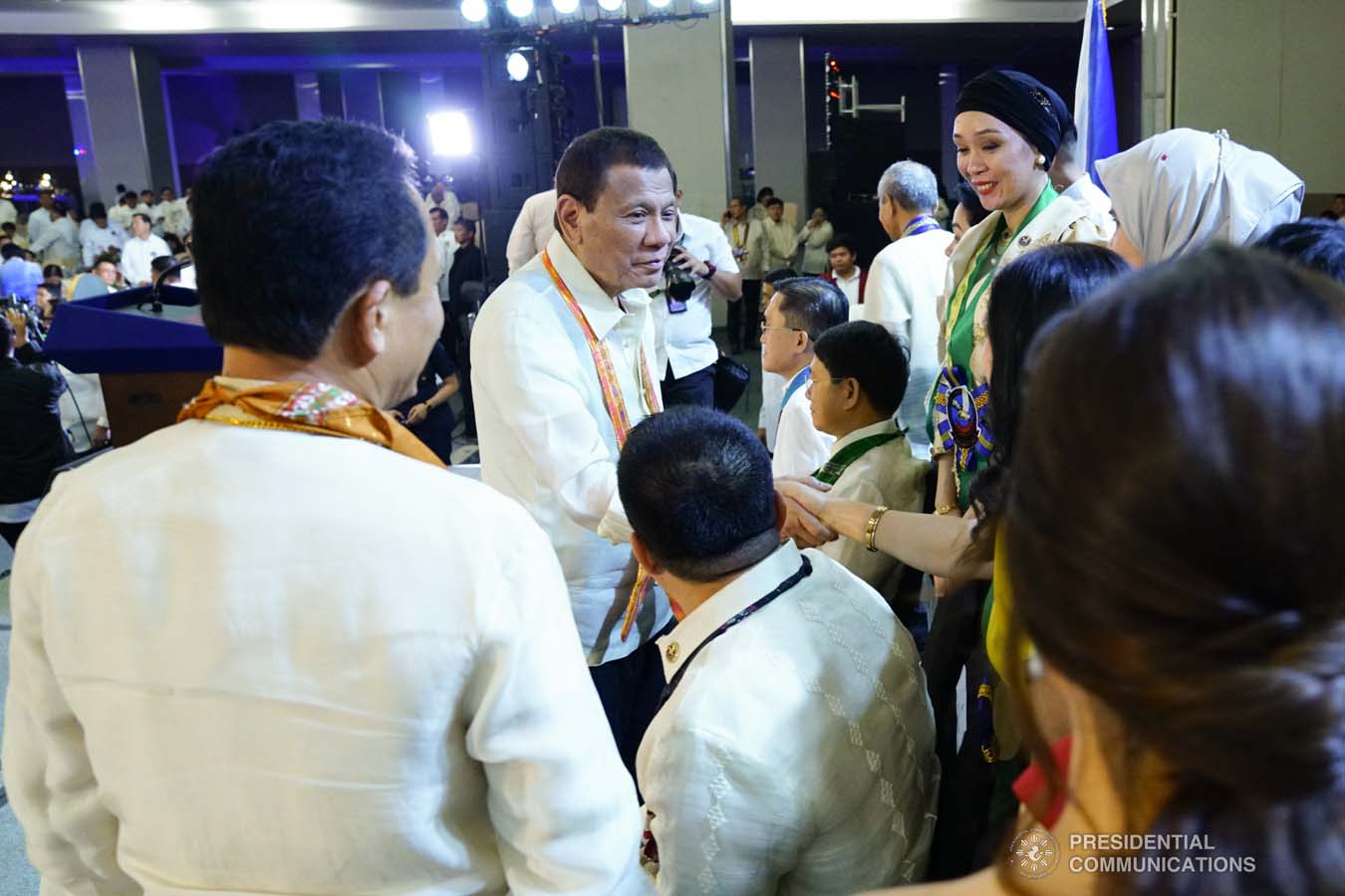 President Rodrigo Roa Duterte greets one of the guests during the thanksgiving gathering with The Fraternal Order of Eagles (TFOE) at the SMX Convention Center in Davao City on January 17, 2020. JOEY DALUMPINES/PRESIDENTIAL PHOTO