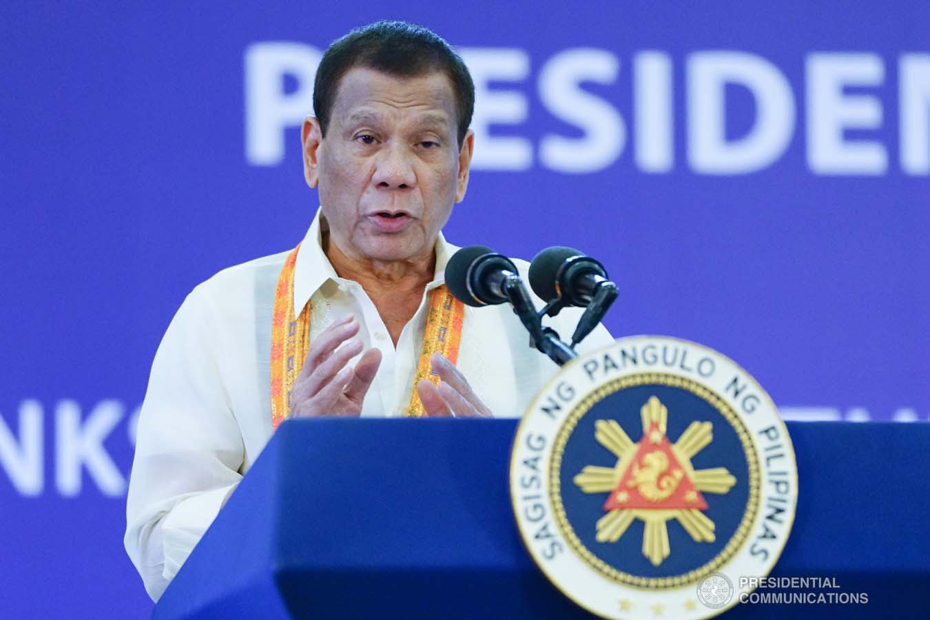 President Rodrigo Roa Duterte delivers a speech during the thanksgiving gathering with The Fraternal Order of Eagles (TFOE) at the SMX Convention Center in Davao City on January 17, 2020. JOEY DALUMPINES/PRESIDENTIAL PHOTO