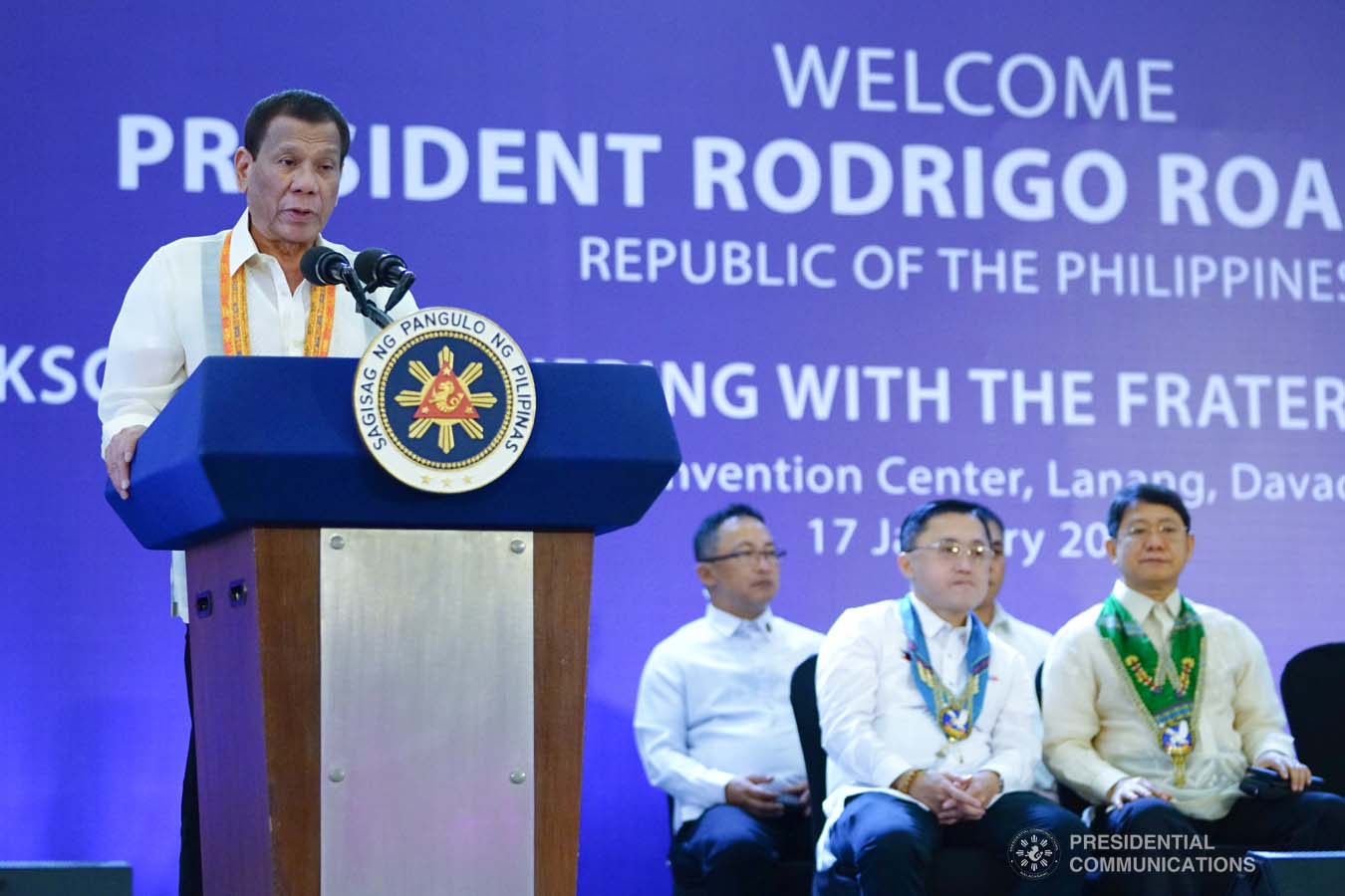 President Rodrigo Roa Duterte delivers a speech during the thanksgiving gathering with The Fraternal Order of Eagles (TFOE) at the SMX Convention Center in Davao City on January 17, 2020. JOEY DALUMPINES/PRESIDENTIAL PHOTO