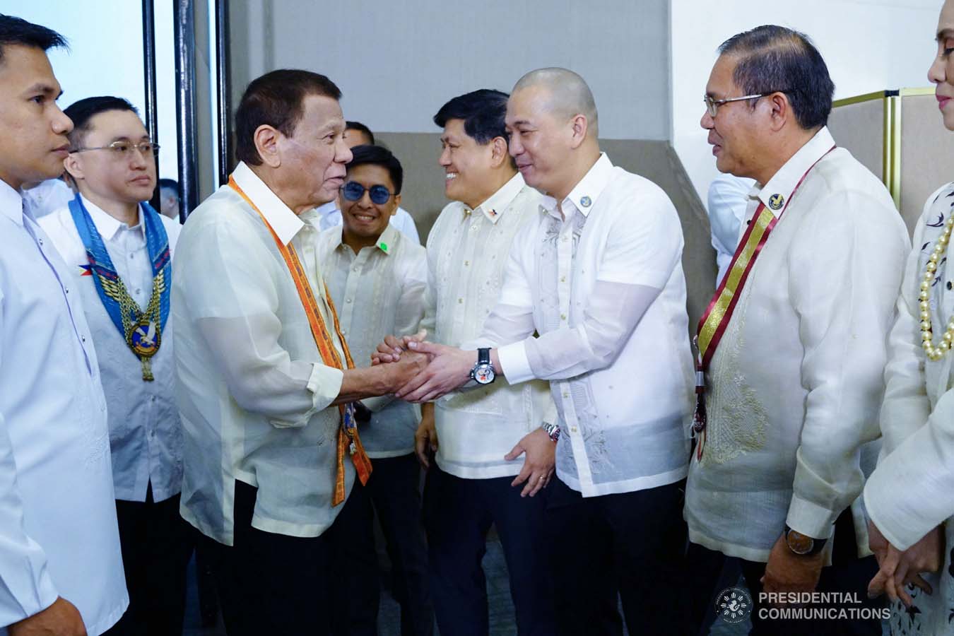 President Rodrigo Roa Duterte shares a light moment with some of the guests during the thanksgiving gathering with The Fraternal Order of Eagles (TFOE) at the SMX Convention Center in Davao City on January 17, 2020. JOEY DALUMPINES/PRESIDENTIAL PHOTO
