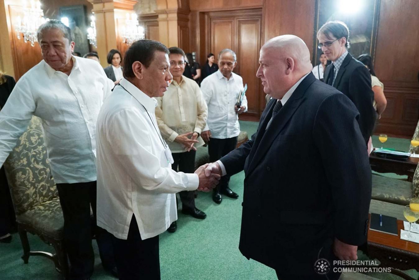 President Rodrigo Roa Duterte greets outgoing New Zealand Ambassador to the Philippines David Strachan, who paid a farewell call on the President at the Malacañan Palace on January 27, 2020. KING RODRIGUEZ/PRESIDENTIAL PHOTO