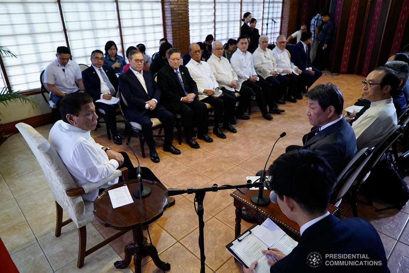 President Rodrigo Roa Duterte discusses matters with Japanese Foreign Minister Toshimitsu Motegi, who paid a courtesy call on the President at the Malacañang Golf Clubhouse in Manila on January 9, 2020. KING RODRIGUEZ/PRESIDENTIAL PHOTO